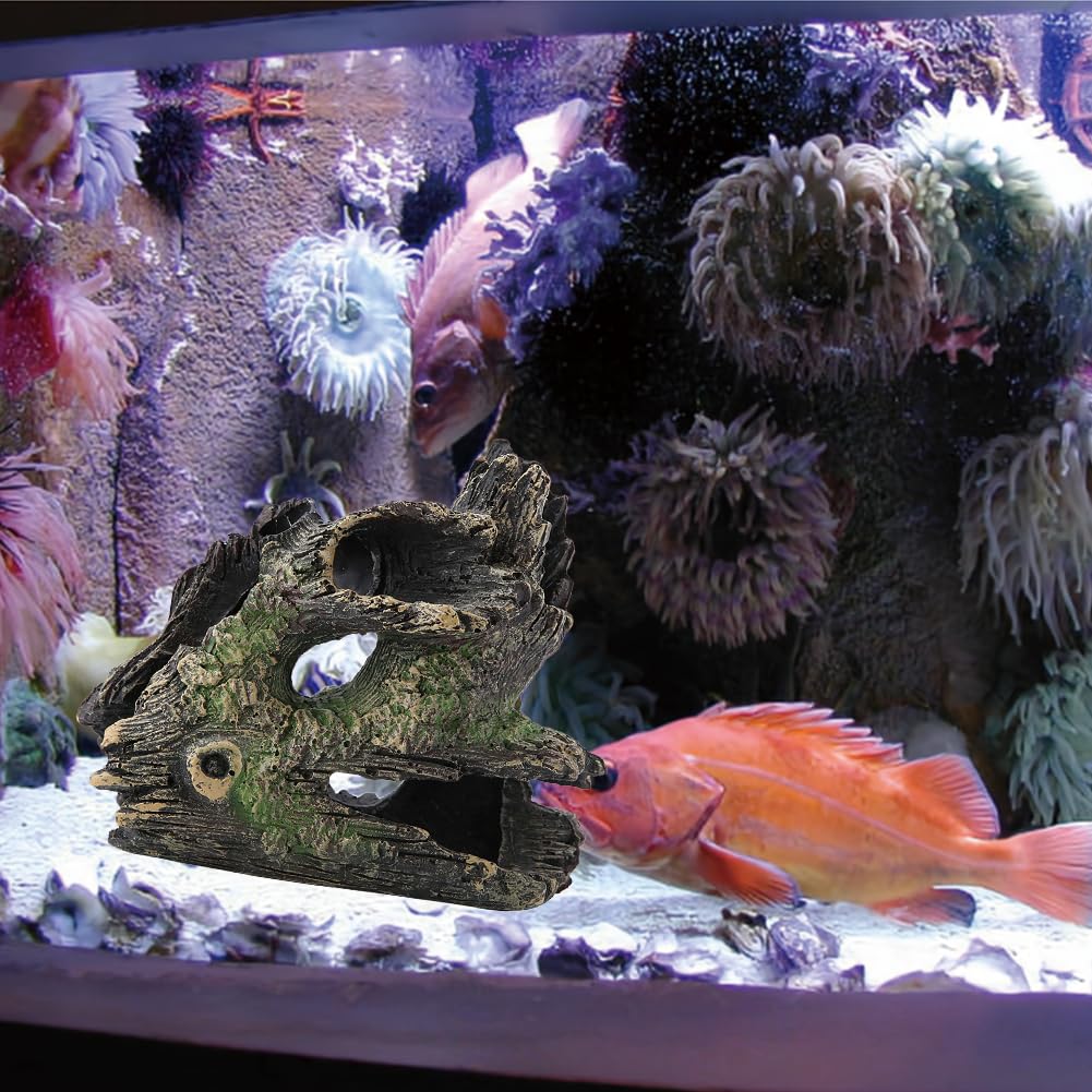 Joyzan Aquarium Tree Trunk, Hollow Landscape Stump Wood House Driftwood Resin Ornament Hideout Hideaway Caves Log Rock Craft Fish Tank Hole Stone Betta Cichlid Turtles Small Lizards Reptiles Amphibian