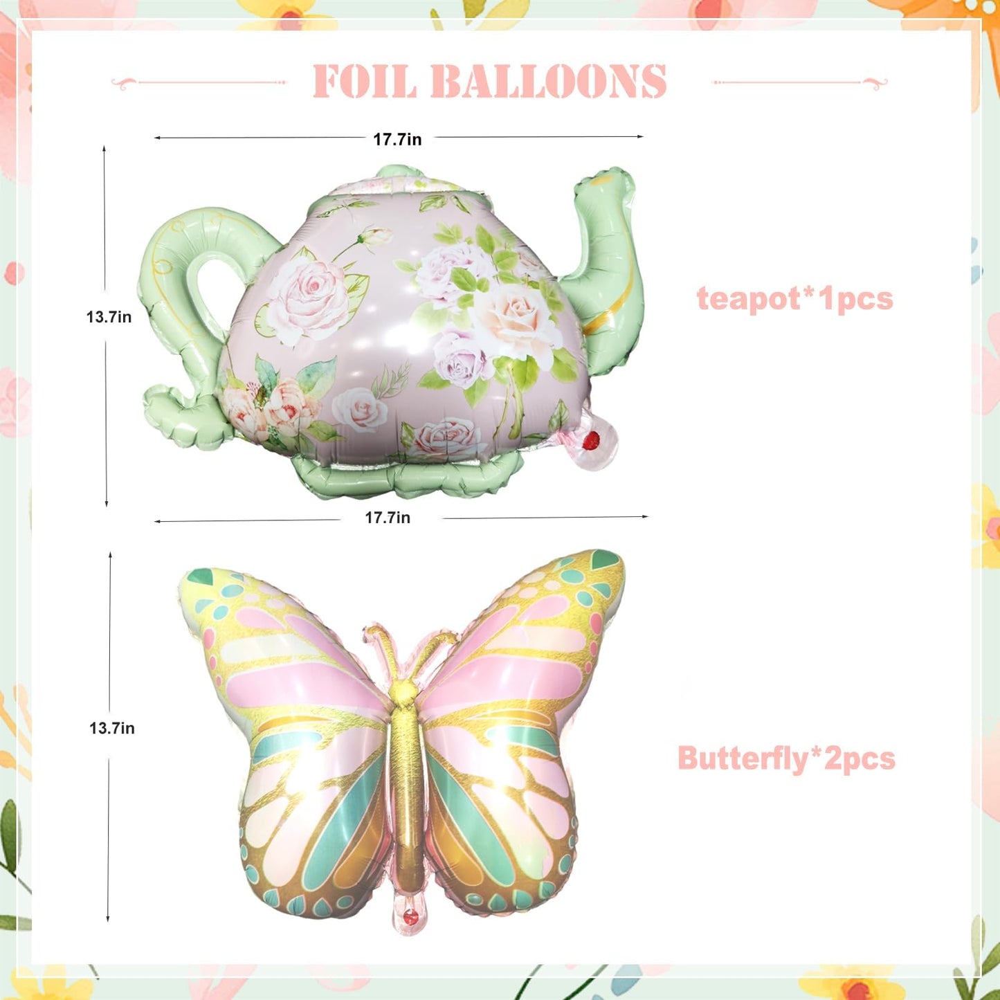 Tea Party Decorations Pastel Purple Pink Sage Green Gold Balloon Garland Arch Kit with Teapot Butterfly Foil Balloon for Tea Party Princess Birthday Spring Garden Baby Shower Bridal Shower Decoration