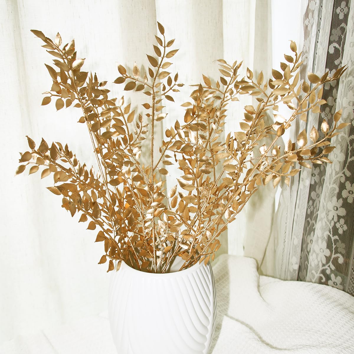 QNUIHYE 6 Pack Fake Leaves Gold Leaf Christmas Decor Gold Decor Ation Artificial Leaves Flower Stems Faux Branches Fake Plants for Vase Wedding Bouquet Leaf Table Centerpiece DIY