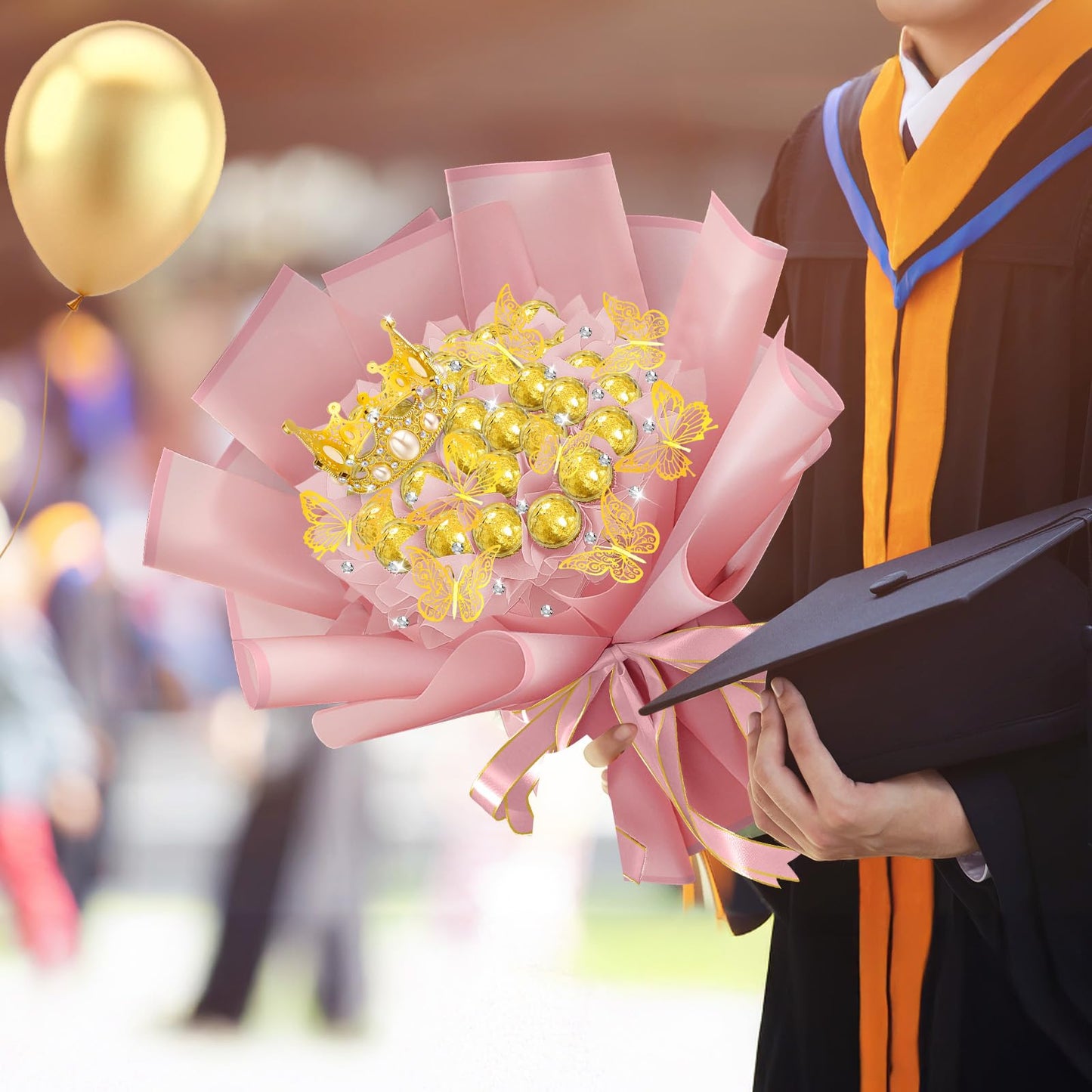 Funnymoom 109 Graduation DIY Chocolate Flower Bouquet Kit 2026 Candy Rose Clear Acrylic Lollipop Ball Holder Floral Wrapping Paper 3D Gold Butterfly Crown Ribbon Grad Gift(Pink)