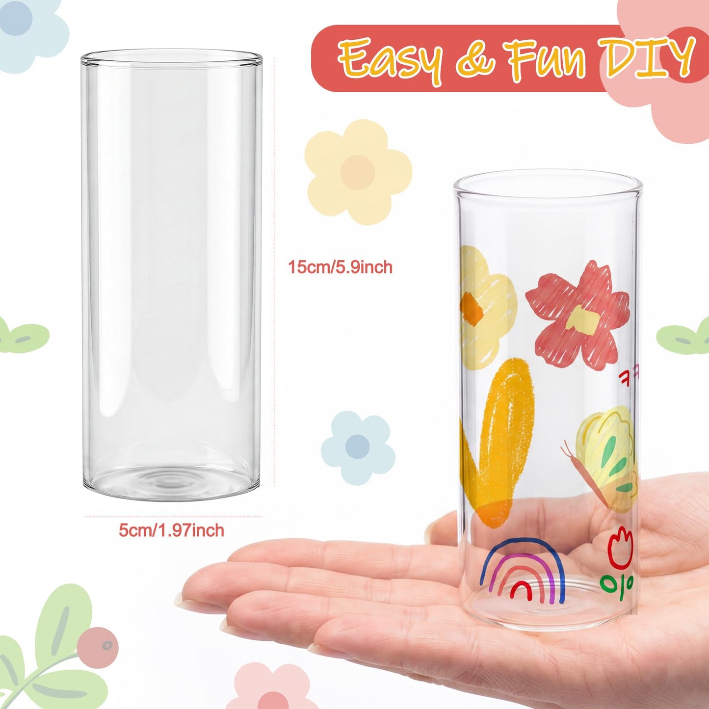 Cinrobiye 6 Set DIY Glass Vase Craft Kit, Clear Glass Flower Vase Painting Set with Decorative Flowers, Stickers and Pens for Home Decor, Creative Art Projects and Table Decoration