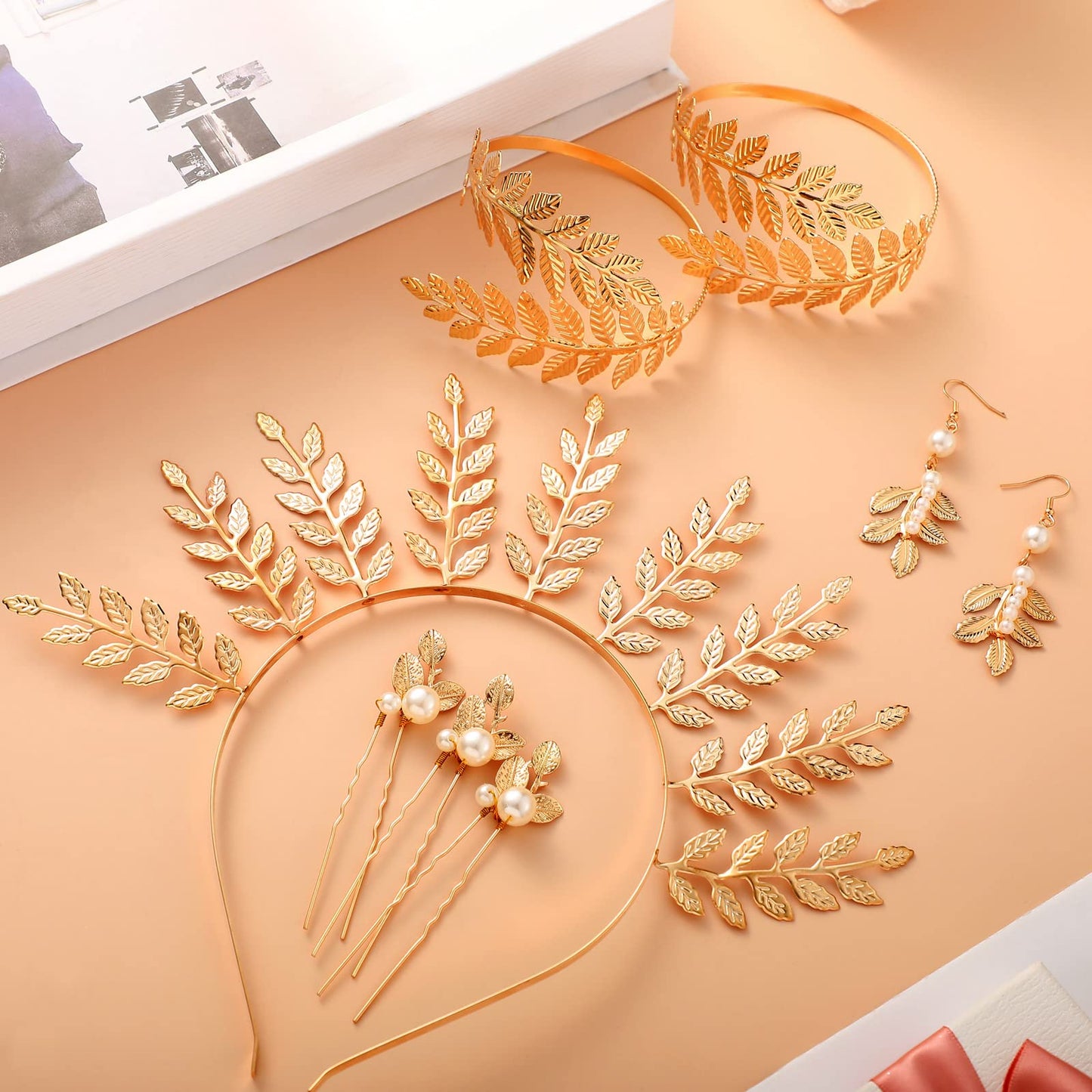 WILLBOND 15 Pieces Greek Goddess Headpiece Toga Accessories Women Golden Leaves Bridal Crown Headband Greek Goddess Wedding Headpiece Hair Accessories Bracelet Earrings Hair Pins(Elegant Style)