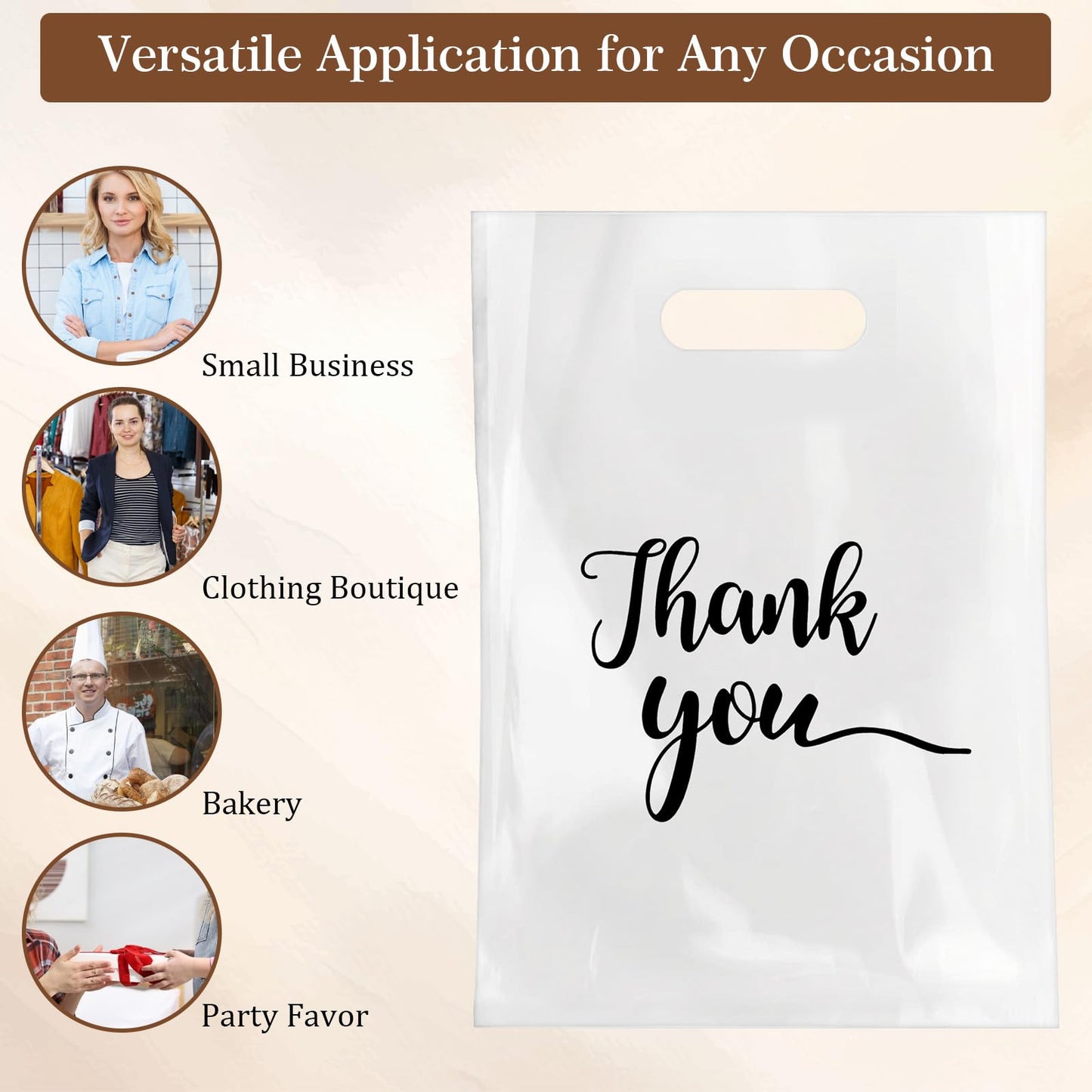 Giloaou 200 Pcs Thank You Merchandise Bags, 8.1” x 11.82” White Plastic Shopping Bags with Die Cut Handles, Premium Retail Gift Bag for Small Business, Boutique, Party Favors & Craft Packaging