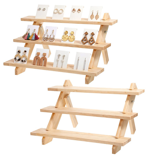 Xosjska 2 Pack 3 Tier Wooden Display Stand, Tiered Earring Display Stand, Detachable Wood Tiered Jewelry Card Displays Stands with Groove Removable Countertop Small Merchandise Displays Stands