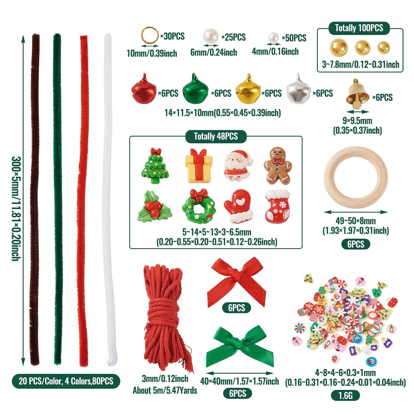 Magibeads Christmas Wreath Making Kits 80Pcs Pipe Cleaners 6Pcs Wood Linking Rings Aluminum Bell Charms Cute Plastic Beads Resin Cabochons for Christmas Decorations Holiday Party Supplies Adults
