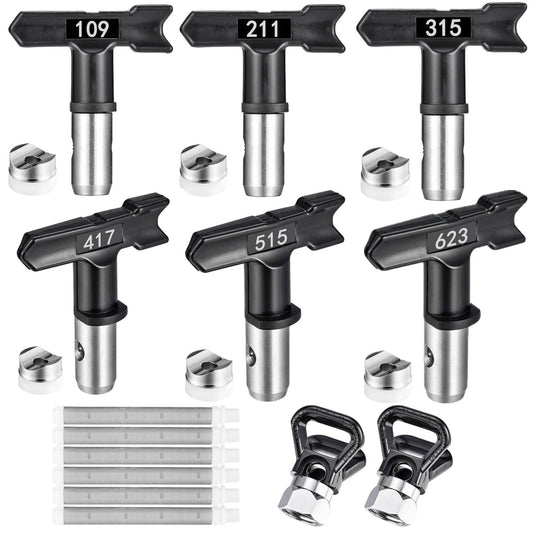 Yoption 14 Pieces Airless Paint Sprayer Tips Set, 6 Reversible Spray Nozzle Tips with Spacer, 6 Airless Sprayer Filter, 2 Nozzle Guards for Sprayer Accessories (109,211,315,417,515,623)