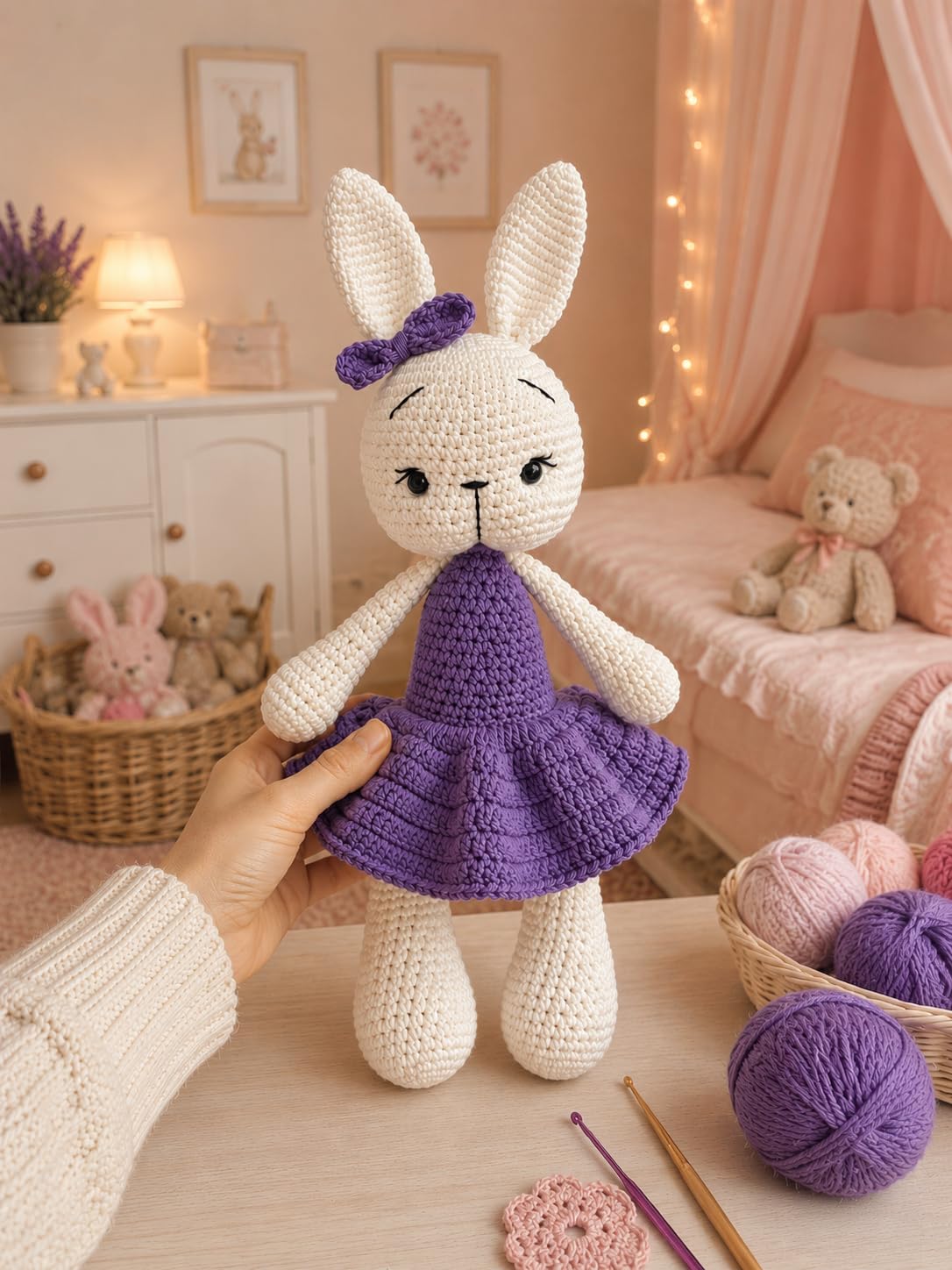 Handmade Bunny Plush – 13.5 inches - Soft Cotton Knit Stuffed Animal – Shower Gift – Nursery Decor – Crochet Toy 1PC (Violet)