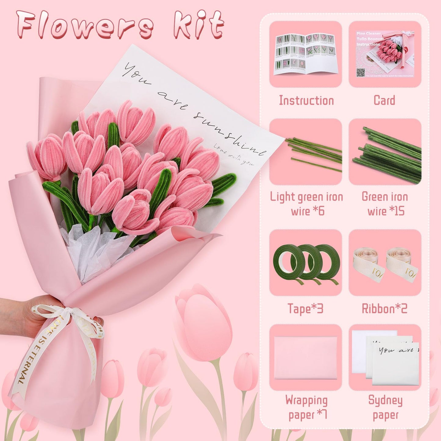 UzecPk Pipe Cleaner Flower Kit, Pipe Cleaners Bulk, Chenille Stems Pink Pipe Cleaner Craft, Pipe Cleaners Flowers with Floral Wire, Floral Tape, Instructions for Mother's Day Craft Home Decoration