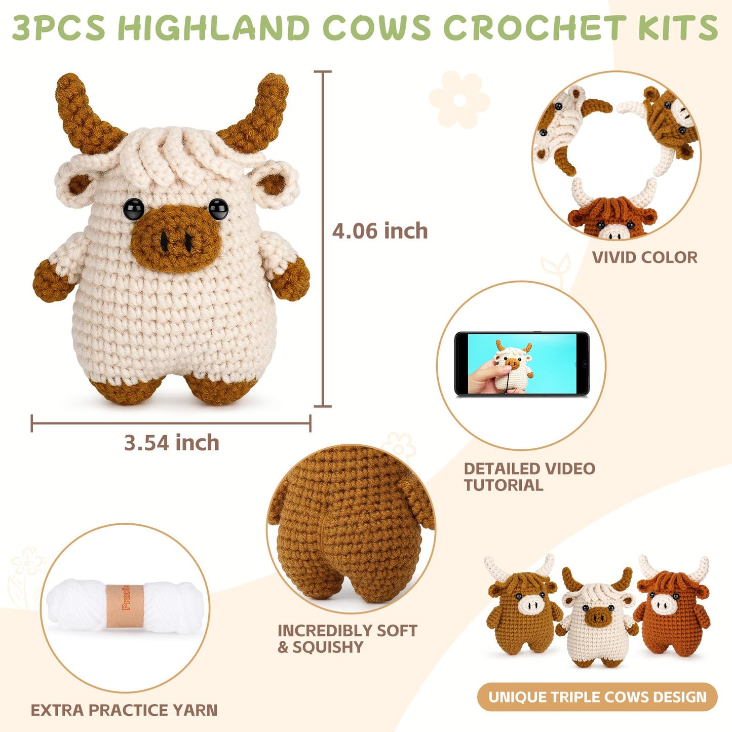 Fortuning's JDS Crochet Kit for Beginners - Crochet Highland Cow Beginner Crochet Kit for Adults, Complete Scottish Cow Crochet Animal Kits, Easy Crocheting Knitting Starter Kits Gifts