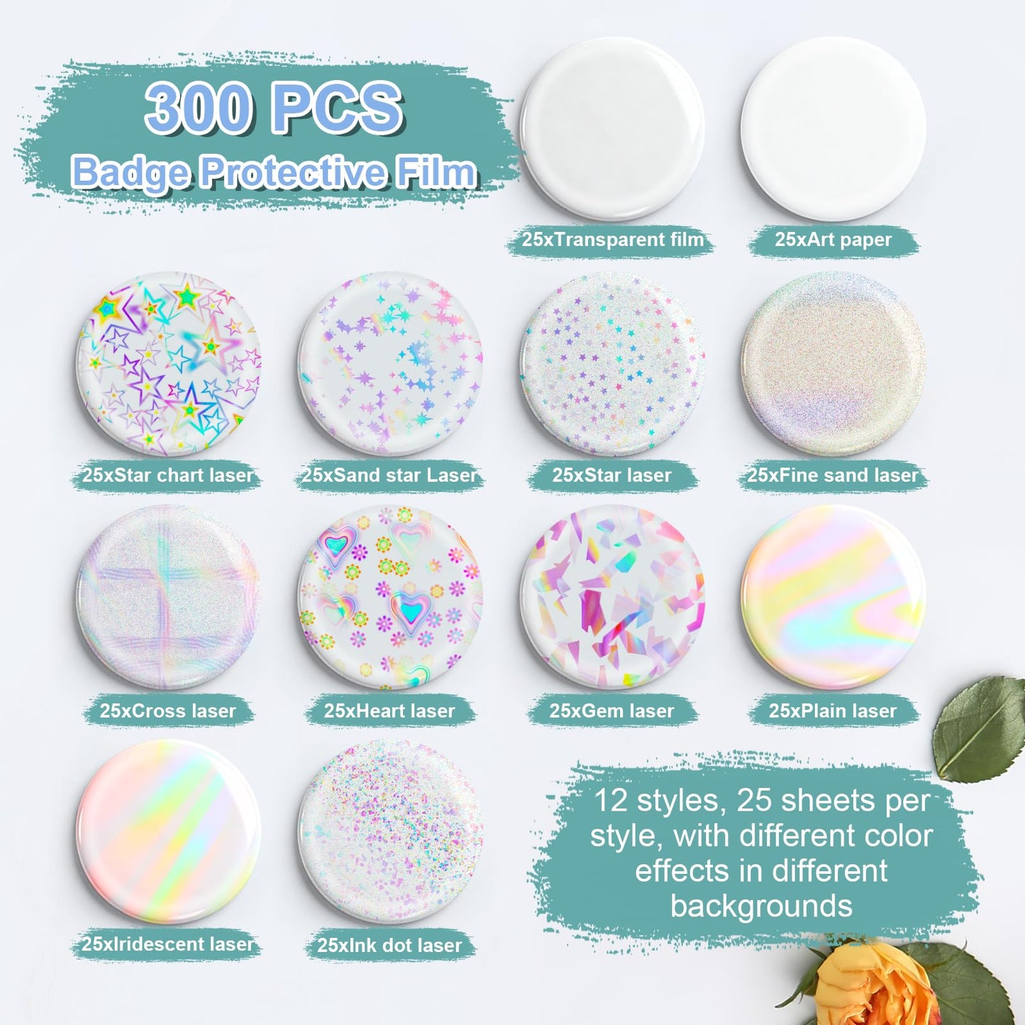 300 Pcs Badge Protective Film, Button Maker Supplies Glittering Film, with 1 Gasket,10 Styles Holographic Glitter Film,1 Style Clear & 1 Style Blank Paper for 2.25 Inch 58mm Button Maker Machine (300)
