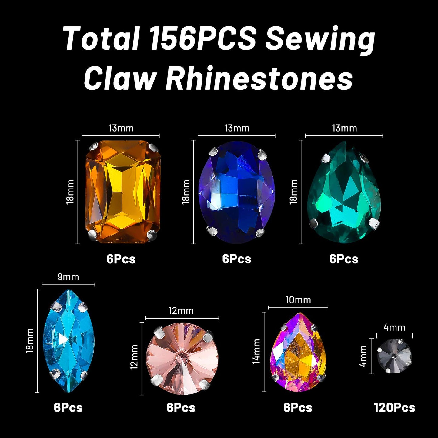 WILLBOND 156 Pcs Sew on Rhinestones Claw Flatback Crystal Rhinestones Metal Prong Setting Gems Acrylic Glass Sewing Gems for Clothes DIY Craft Shoes Dress Jewelry Making (Colorful)
