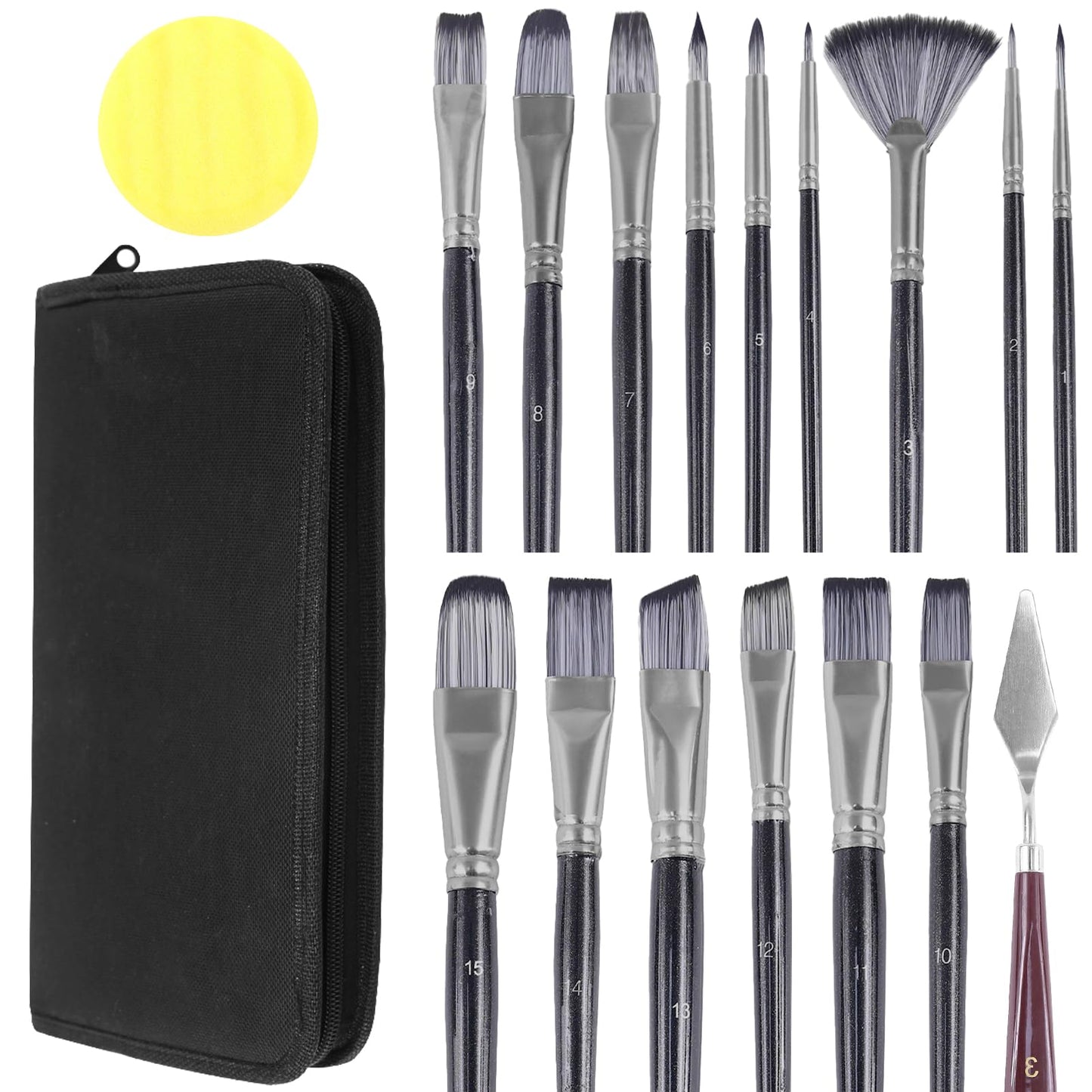 YAMIVO 18 Paint Artist Paint Brushes with Palette Knife, Sponge, Paintbrushes with Organizing Bag for Oil, Acrylic, Watercolor, Gouache, Painting (Black)