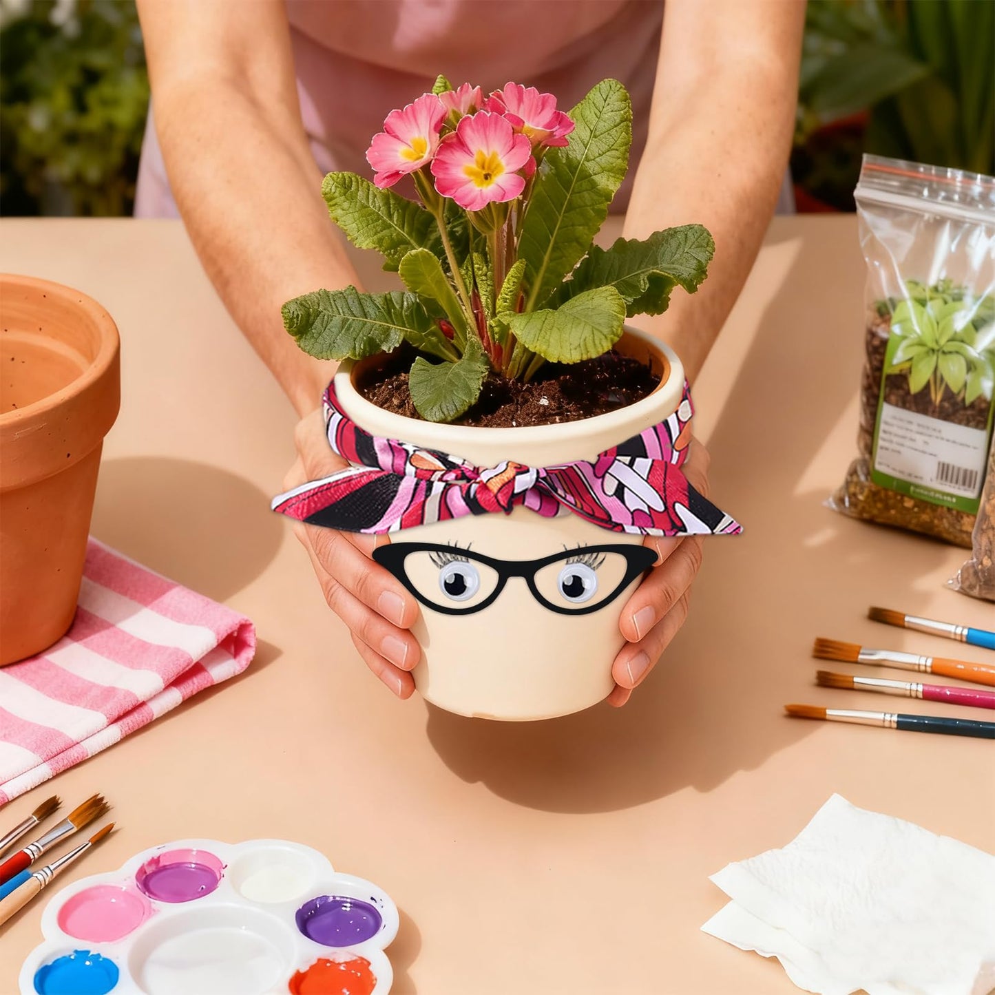 DIY Flower Pot Painting Kit with Face Stickers & Ribbons – Funny Plant Pot Craft, Creative Garden Decor for Journals Gifts Parties