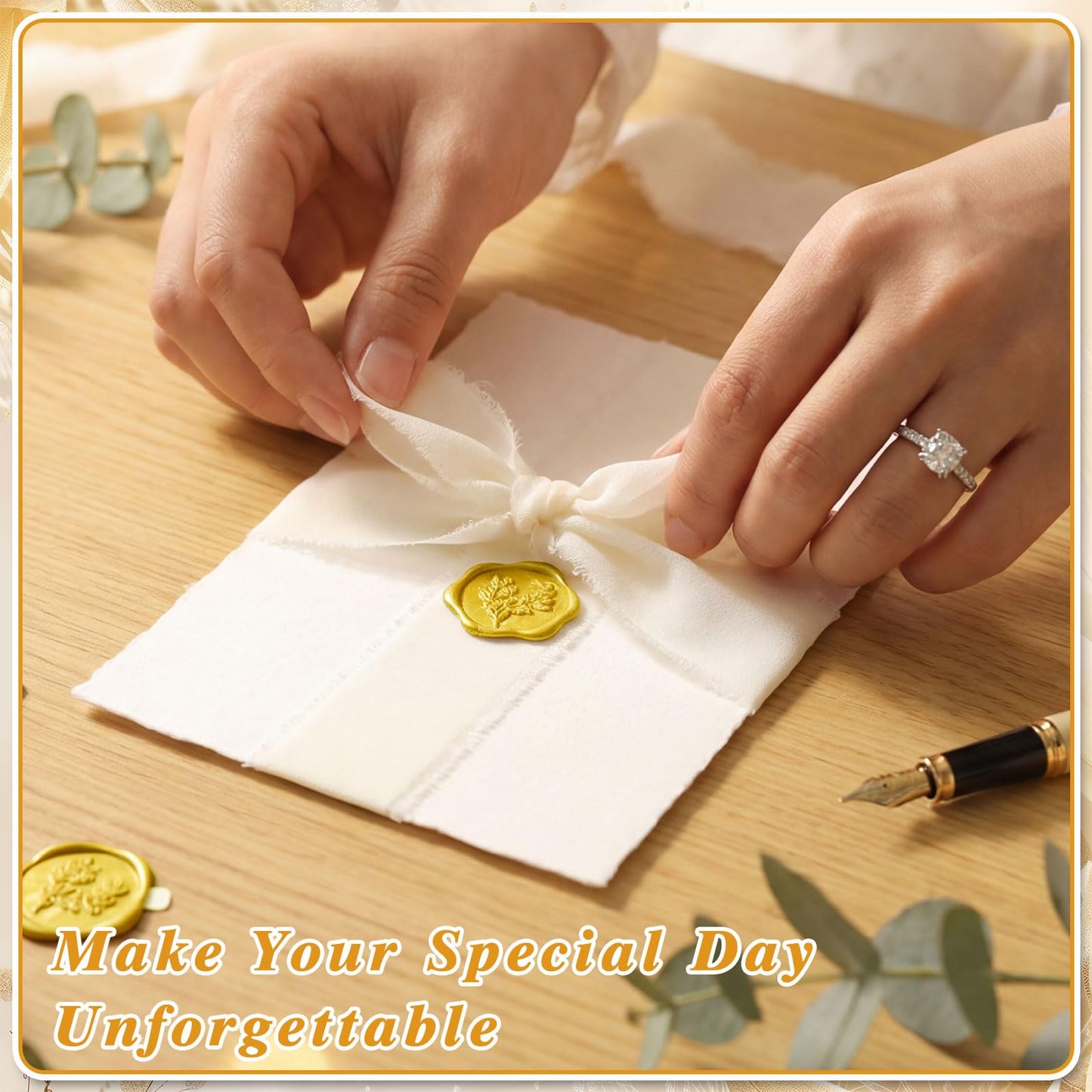 Prudiut 50 Sets Wedding Invitation Kit, 5x7 Handmade Paper, 300GSM Watercolor Paper, Self Adhesive Gold Wax Seal Stickers and 10 Rolls Chiffon Ribbon for Wedding Invitations Cards Craft DIY