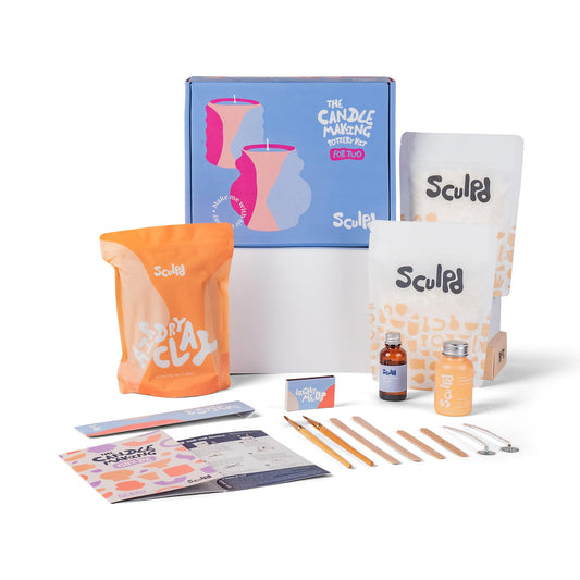 Sculpd Candle Making Pottery Kit for Adults with Air Dry Clay and Acrylic Paint Set, Non-Toxic Eco Soy Wax, Scented Fragrance Oil, Candle Glaze, Tools & Guide, 2 Candles, Peony Rose