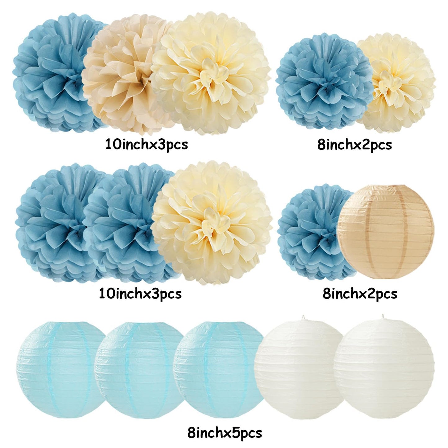 Dusty-Blue Champagne Party-Decorations Paper-Flowers Lanterns - 15pc Boho Beige Gold Tissue Pom Poms Streamers,Birthday Bachelorette Bridal Baby Shower Engagement Wedding Graduations Decor Panduola