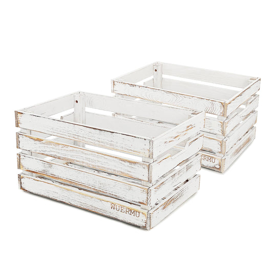 WUERMU White Wooden Crates are Suitable for Storage, Milk Crates, Wine Crates, Festival Decorations, Camping, and Other Multi-Purpose. They are Sturdy and Durable, set of 2 Length of 17.7 inches.