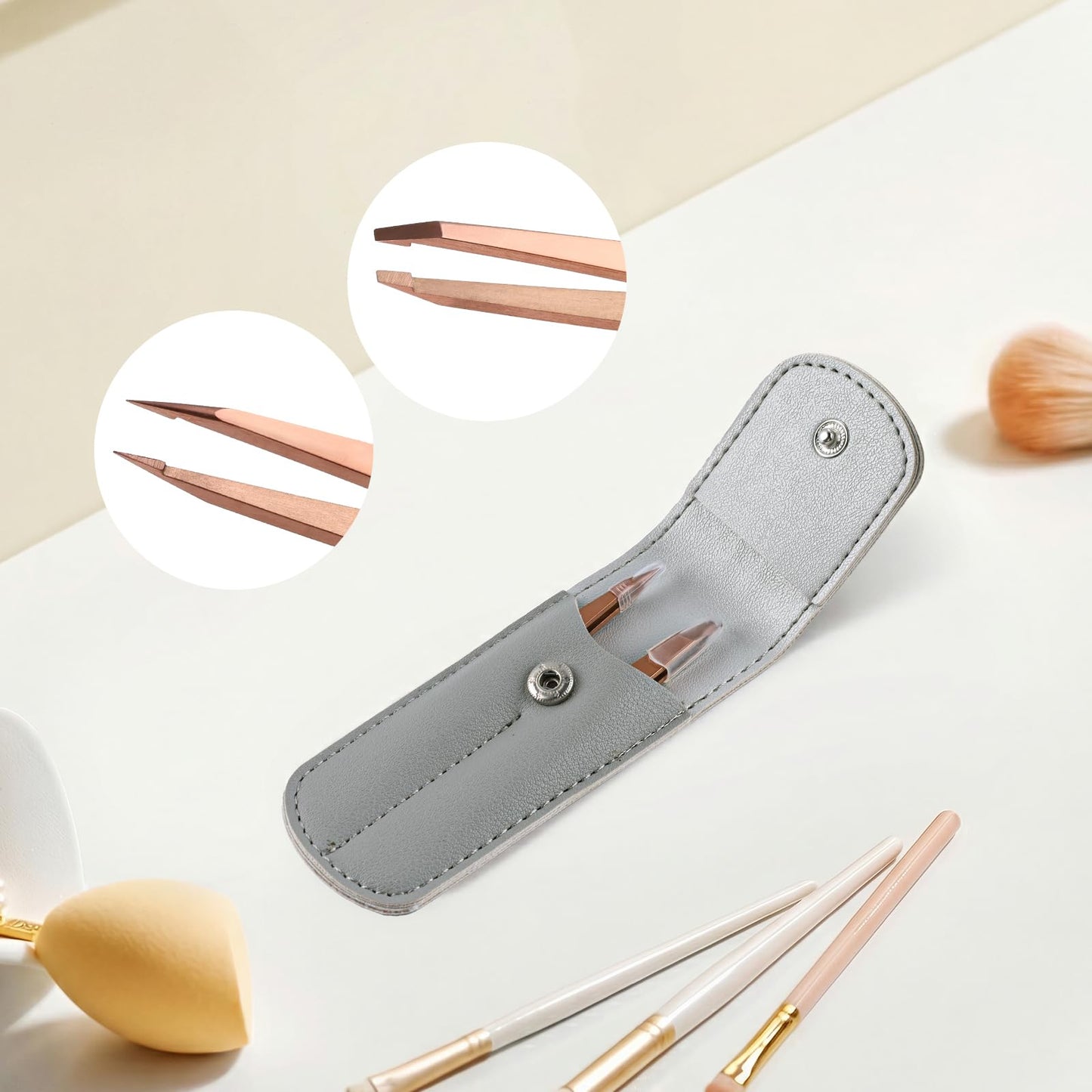 Velodios 2-Pack Precision Tweezers for Eyebrows, Facial Hair, Ingrown Hair Removal, Professional Stainless Steel Eyebrow Tweezers for Women and Men, Tweezer Set with PU Travel Case