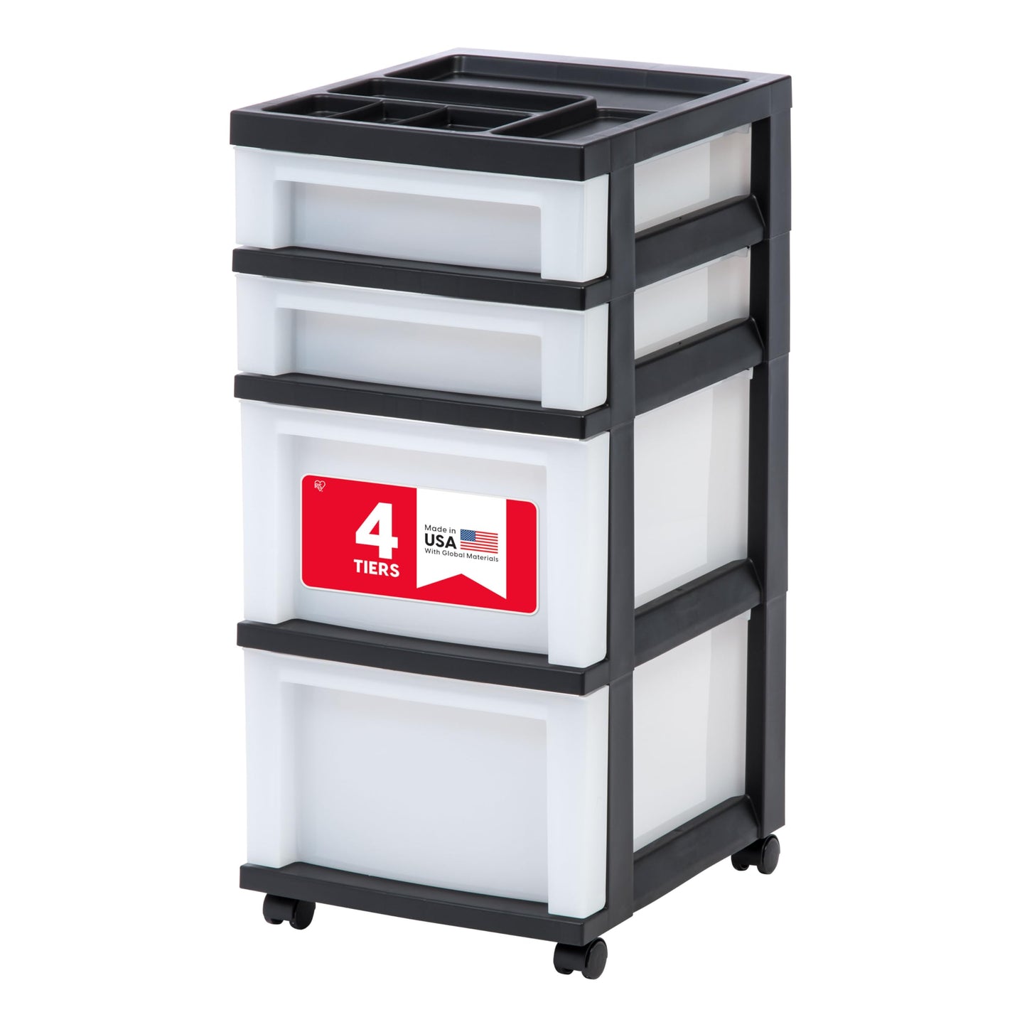 IRIS USA Plastic Drawer Storage Organizer Rolling Cart, with Wheels Casters, 4-Drawers, for Classroom Art Craft Supplies Dresser Closet Bathroom Laundry Room, Black/Pearl