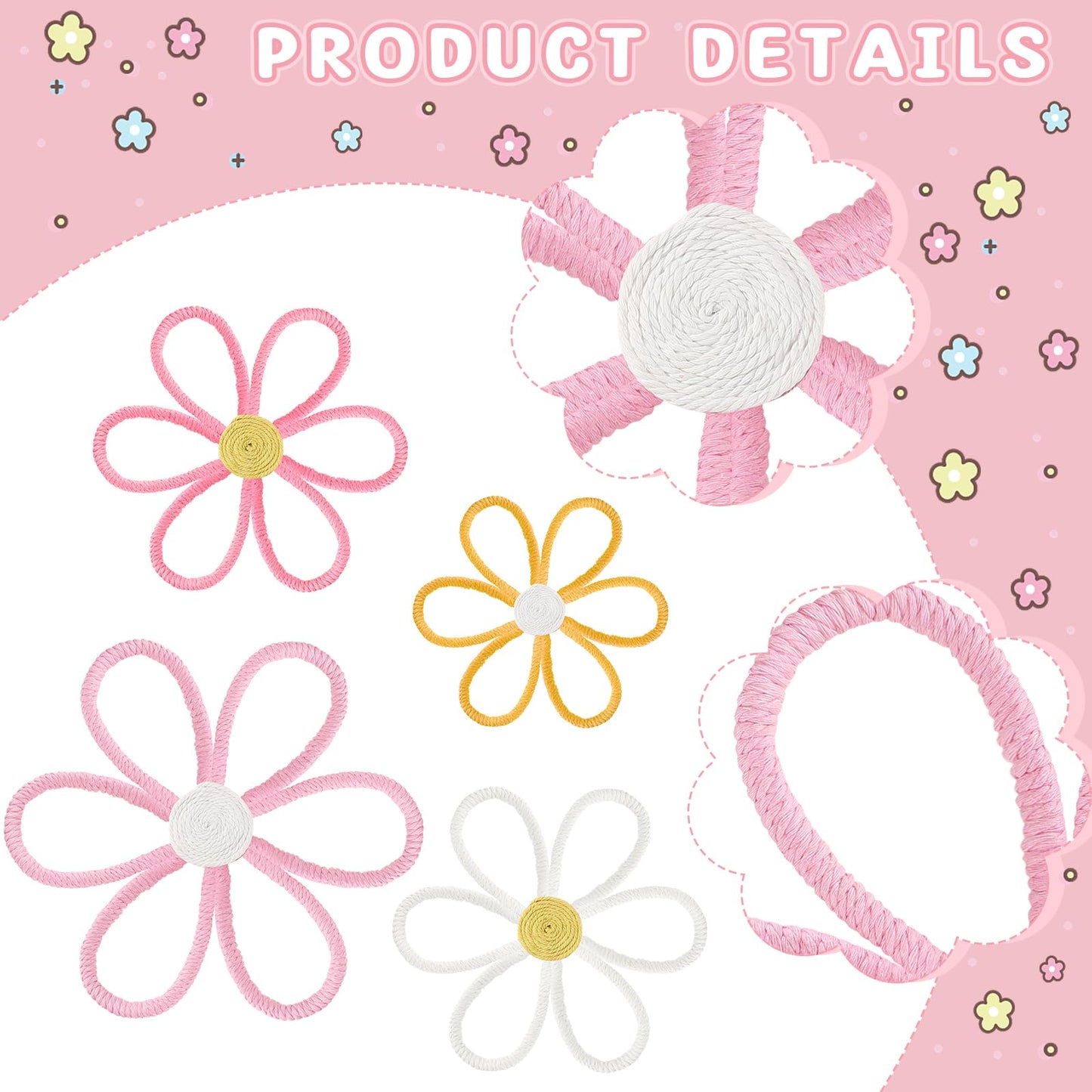 Ganeen Boho Nursery Woven Daisy Flowers Daisy Wall Decor Nursery Decor Macrame Wall Hanging Supply for Girl Bohemian Art Home Bedroom Room Flowers Set of 4(6 Petals)