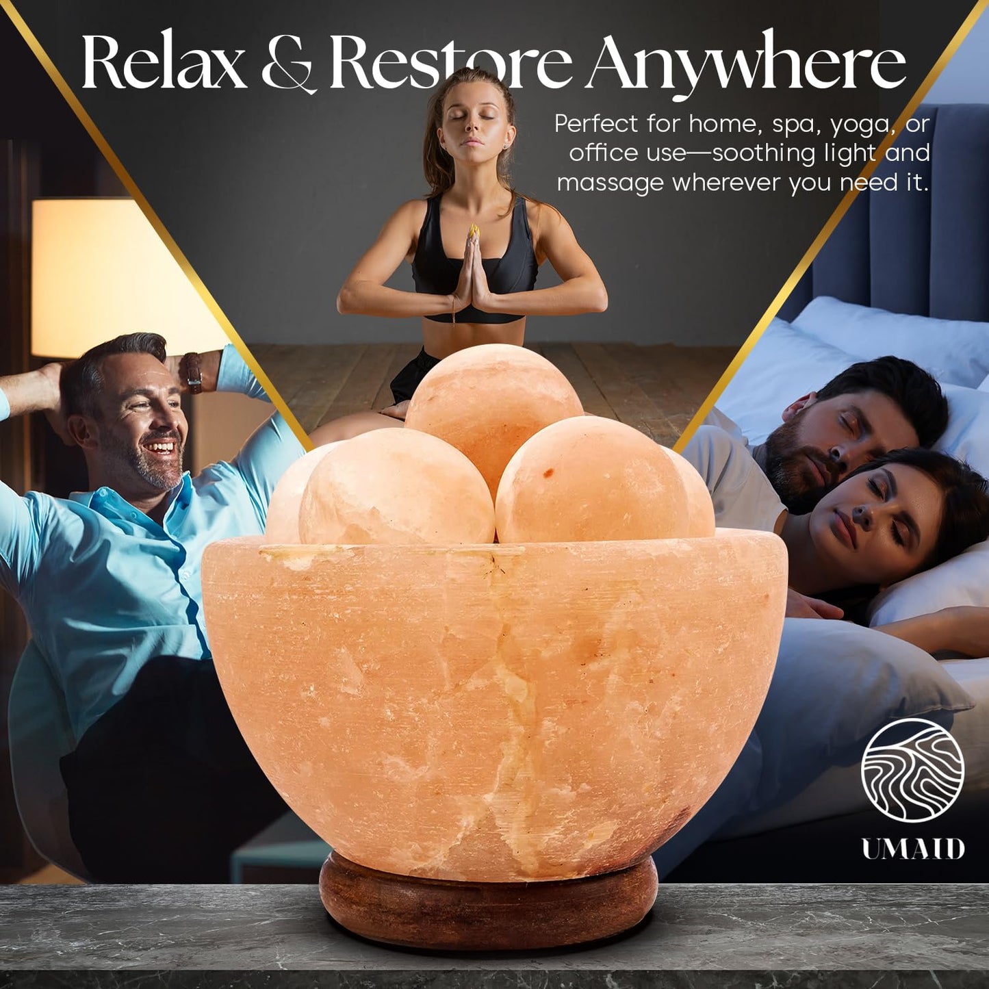 UMAID Himalayan Salt Lamp Bowl with 6 Himalayan Massage Balls, Dimmable Pink Rock Salt Lamp Light for Bedroom, Office Desk & Meditation Room, Unique Spa Home Decor Relaxation Gifts for Men & Women