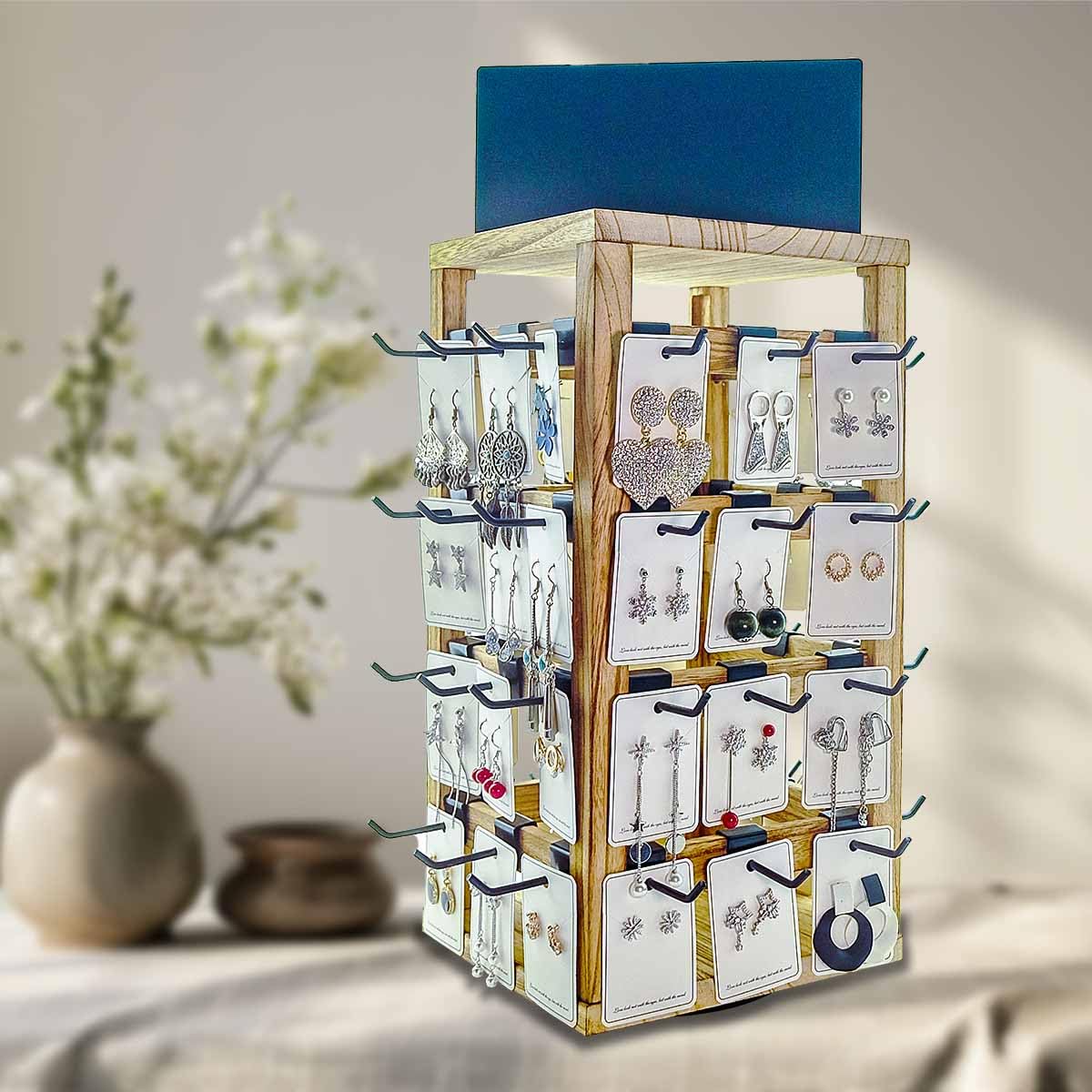 Jewack Wooden rotating Jewelry Display Stand with Removable 48 Hooks advertising board, For Earring Cards necklace bracelet Keychain Jewelry Organizer For Selling For vendor events (brown)