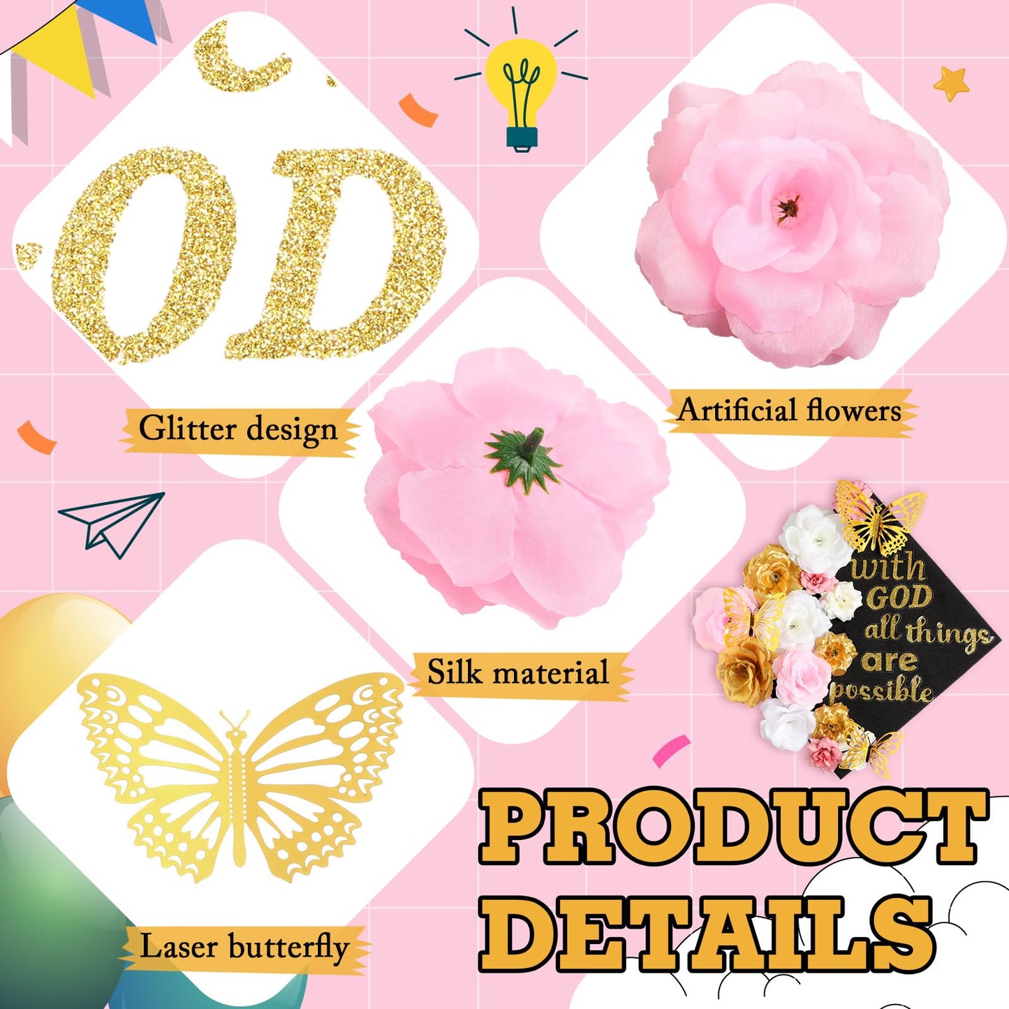 Knitgrip 31 Pcs DIY Graduation Cap Decorations Kit Faux Flower Heads 3D Butterfly Stickers Graduation Quotes Glitter Decals for Grad Hat Topper Graduations Party Supplies(Pink, White, Gold)