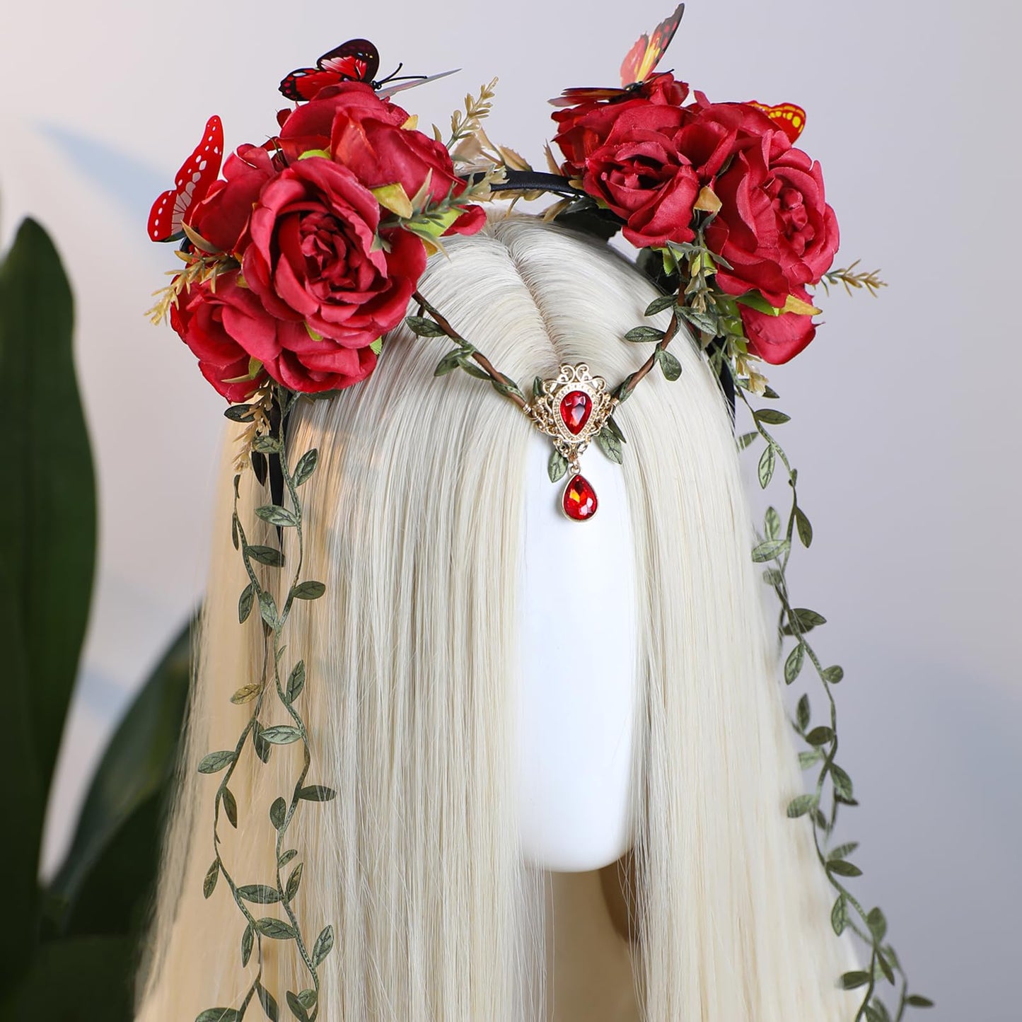 MOSTORY Red Fairy Flower Headpiece - Floral Elf Crown with Vines for Woodland Fairy Accessories Women, Forest Flower Headband with Butterflies for Renaissance Renfaire Cosplay