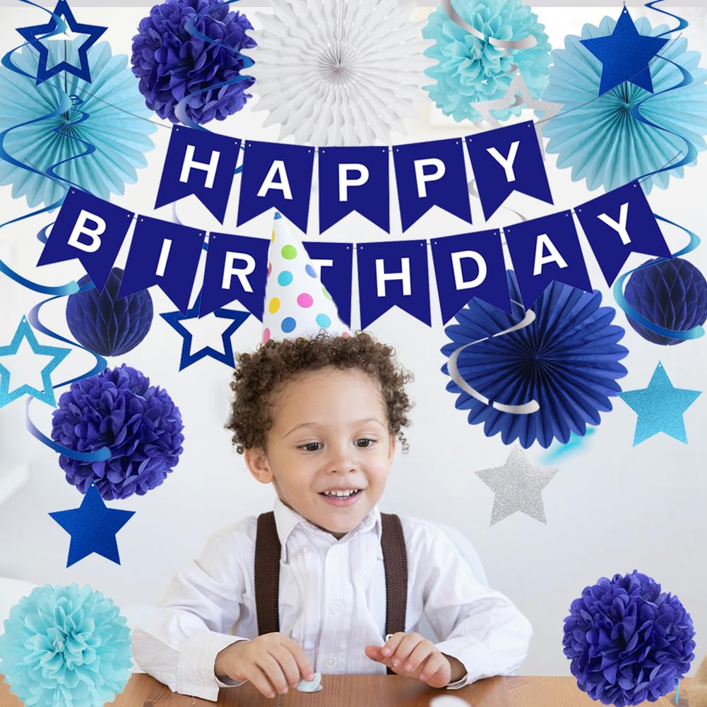 Blue Birthday Decorations for Men Boys Navy Blue Happy Birthday Banner Paper Fans Paper Pom Poms Star Hanging Swirls for Men Women Boys Girls Blue Birthday Party Decor