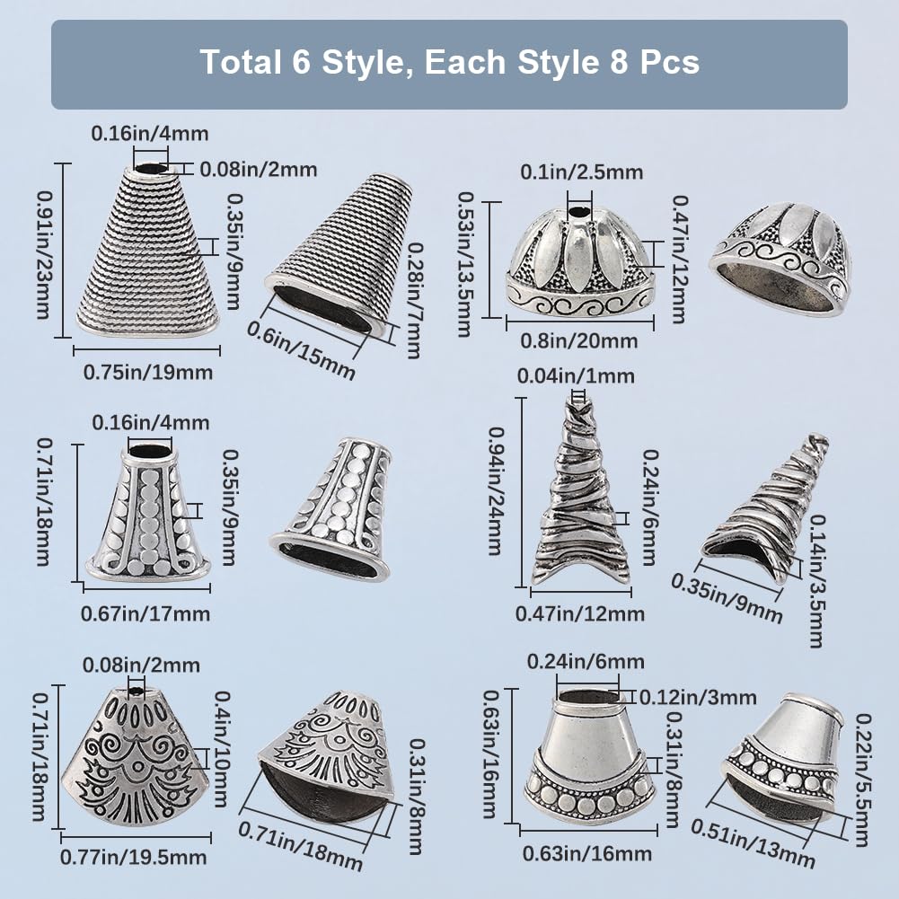 SOFPLATE 48Pcs 6 Styles Cone Bead Caps Spacer Bead Caps Alloy Antique Silver Tibetan Flower Cones Tassel End Beadings Findings for Jewelry Making DIY Bracelet Necklace Earrings Supply Accessories
