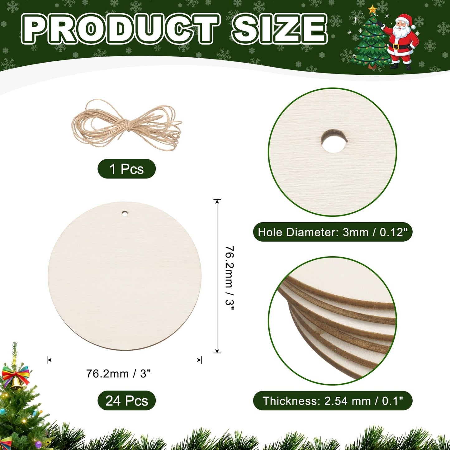 MECCANIXITY 24Pcs Wooden Discs Ornaments to Paint, 3" x 3" DIY Blank Unfinished Wood Homemade Ornament with Rope for Art Crafts DIY Thanksgiving Halloween Birthday Gifts