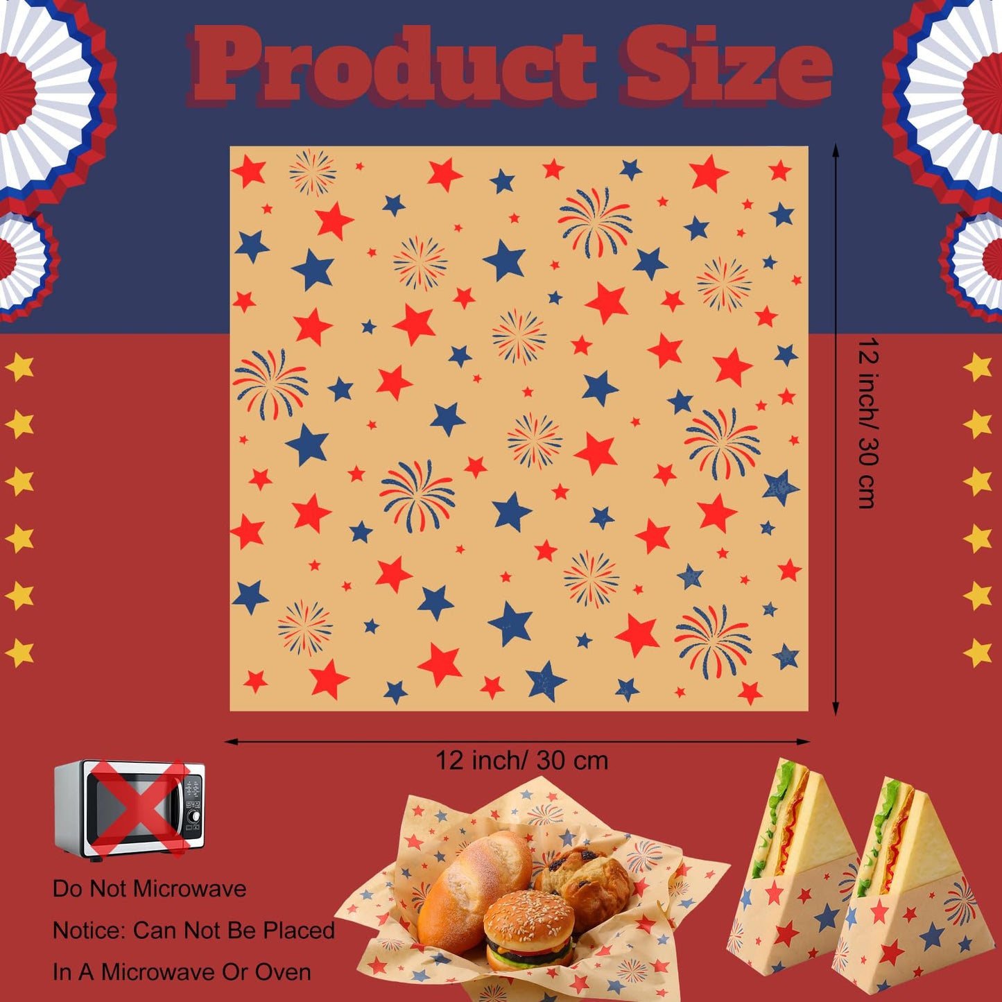 FoldTier 100 Pcs 4th of July Wax Paper Sheets for Food Wrapping 12x12 Inch Deli Paper Sheet 250th Anniversary Patriotic Firework Star Greaseproof Parchment Food Basket Liner for Sandwich Burger Fries