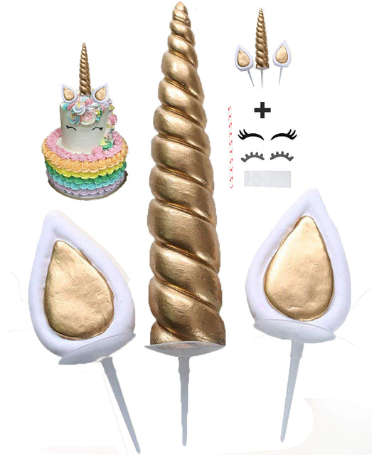 XL Food Grade Unicorn Cake Topper, Reusable Gold Unicorn Horn,Ears And Eyelashes Party Cake Decoration Value Set For Unicorn Party Decoration For Baby Shower And Birthday Party (Gold, X-Large)