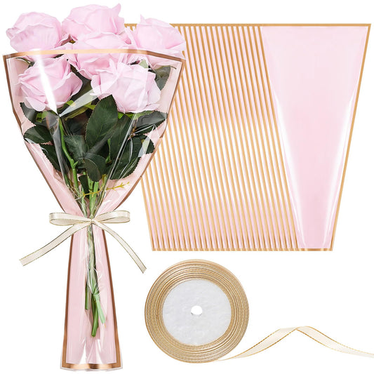 YooNotee 60 Pcs Flower Wrapping Bags for Valentine's Day Bouquets Supplies 17.7 x 10.9 Inches Plastic Flower Bouquet Sleeve Clear Front Floral Wraps with Ribbons for Graduation Party (Pink)