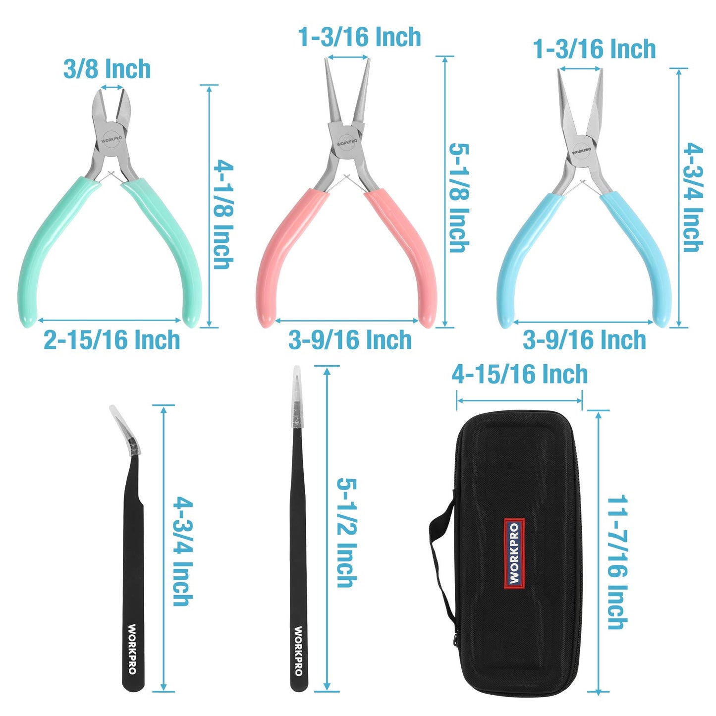 WORKPRO 5-Piece Jewelry Pliers Kit - Round Nose, Chain Nose, Wire Cutters, Pointed & Curved Tweezers, Case Included