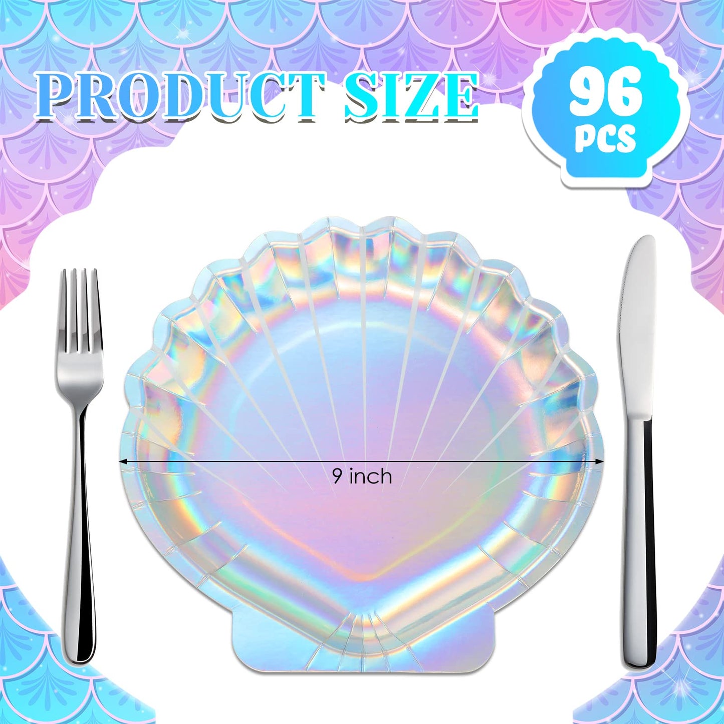 Zopeal 96 Pcs Mermaid Paper Plates Seashell Plates Party Supplies 9 Inch Disposable Iridescent Holographic for Girl Kids Birthday Party Decorations