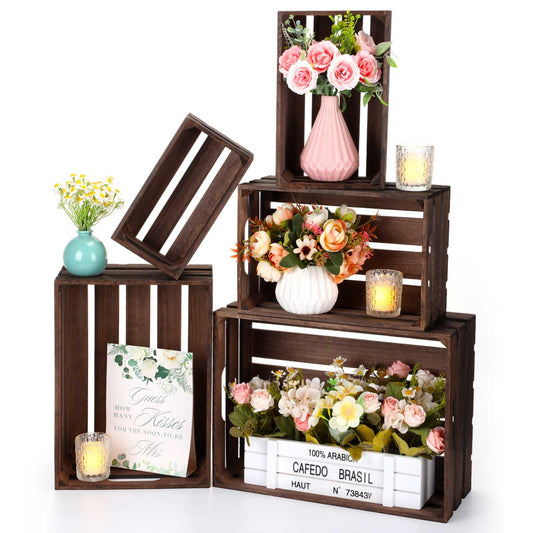 Soaoo 5 Pcs Decorative Nesting Wooden Crates for Storage Display 5 Size Large Small Rustic Wood Decorative Storage Crates with Handle Farmhouse Crate Box Container Made from Pine(Vintage Black)