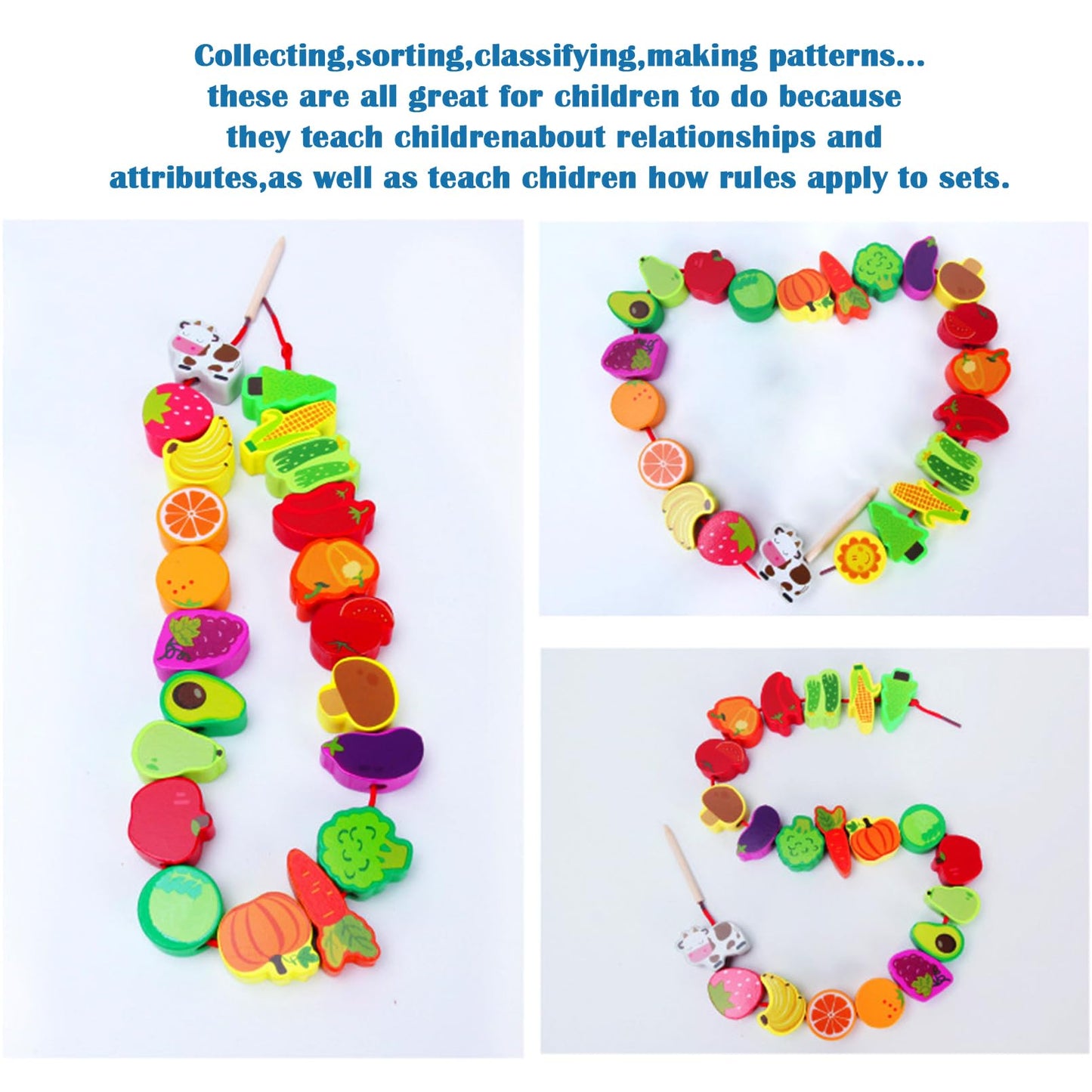 exinddea 46 PCS Wooden Lacing Beads,Animals Fruits Threading Toys for Toddlers,Preschool Learning Lacing Toys,Montessori Educational Stringing Threading Beads Toys for Kids 3 4 5 6 Year Old Boys Girls