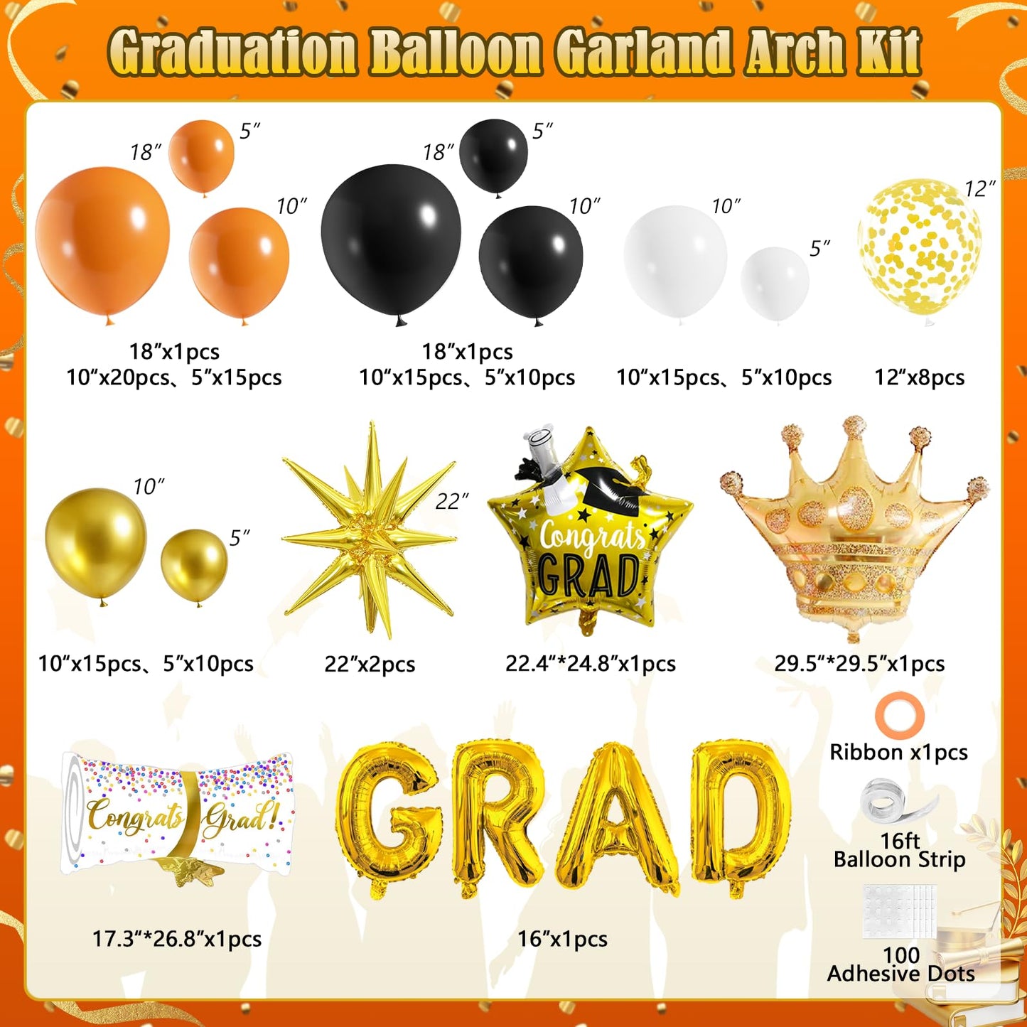Graduation Balloon Arch Garland Kit Orange Black White Gold Graduation Decorations 2026 for College High School Class of 2026 Grad Party Prom Decor