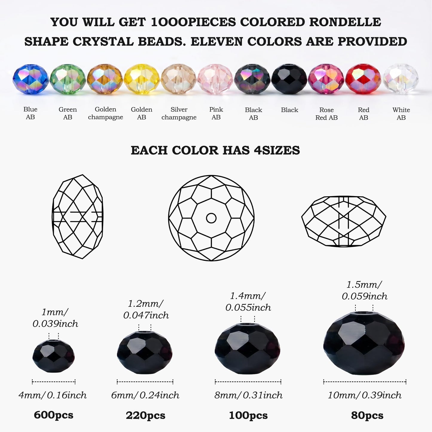 QINJIEJIE 1000Pcs 4/6/8/10mm Black Glass Beads for Jewelry Making Assorted Glass Beads for Suncatchers Bulk Crystal Beads for Bracelets Necklace Pendants Making DIY Supplies (Black)