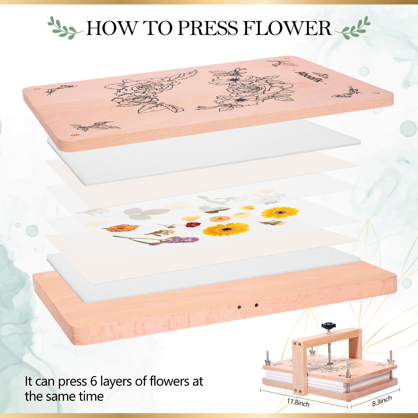 Aboofx Large Flower Press Kit, 11.8" x 8.3" 6 Layers Wood Flower Pressing kit with Storage Bags for Dried Flower Plant Wedding Bouquet Preservation Kits, DIY Art & Crafts Gift for Adult Craft Lovers