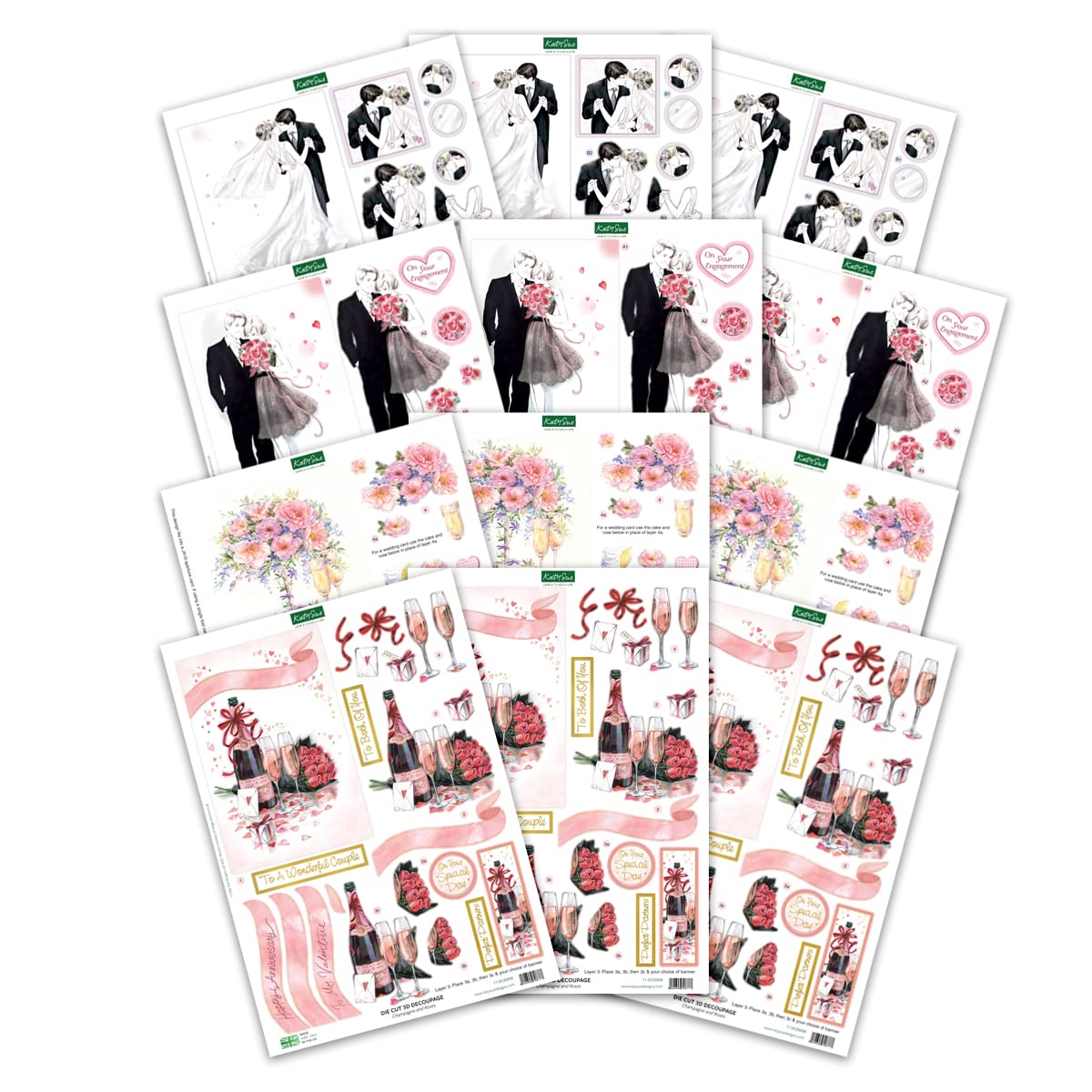 Katy Sue Designs Romance & Weddings 3D Die-Cut Decoupage Sheets for Card Making. 12 Sheets of Engagement & Wedding-Themed Die Cuts for Card Making Supplies with Roses, Weddings, Couples, & Champagne