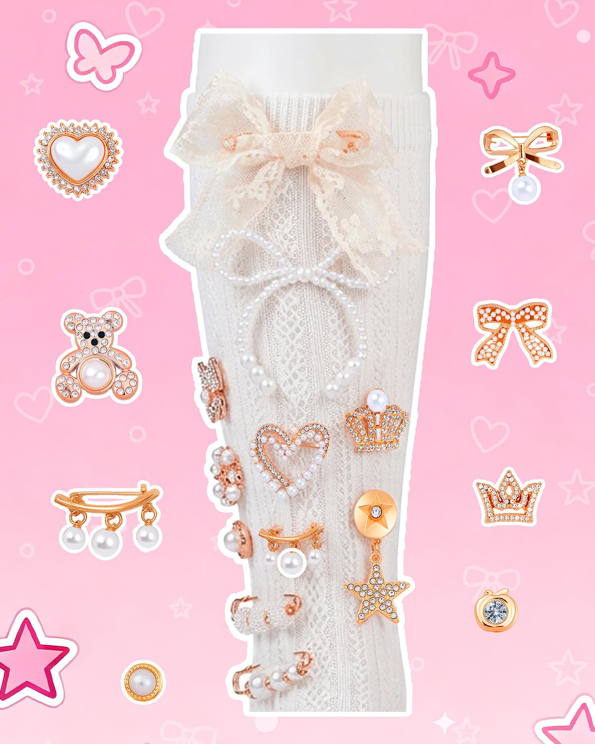 LovelyMoon 70Pcs Junk Socks Charms Kit with Letter Beads, Gold Charm for Socks and Sneakers, Brooches and Pins for Women, Charms for Sock Safety Pin, Junk Charm with Pearl, Rhinestone