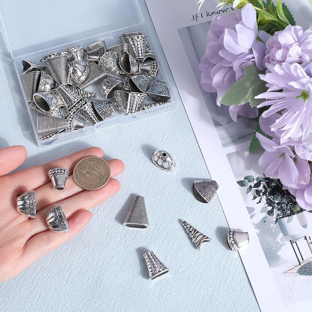 SOFPLATE 48Pcs 6 Styles Cone Bead Caps Spacer Bead Caps Alloy Antique Silver Tibetan Flower Cones Tassel End Beadings Findings for Jewelry Making DIY Bracelet Necklace Earrings Supply Accessories