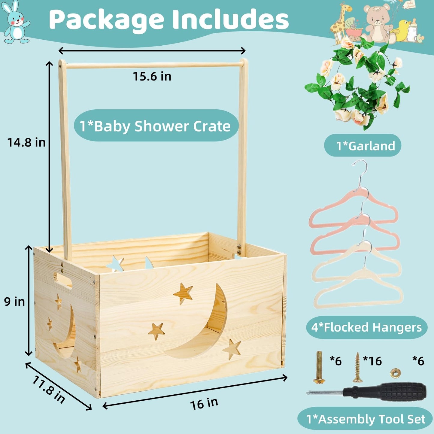 Jowgut Wooden Baby Shower Crate Closet, Large Capacity Toy Storage Basket with Handle Hanger Garland, Easy Assembly Storage Nursery Crate Hamper Personalized Gift Basket for New Parents