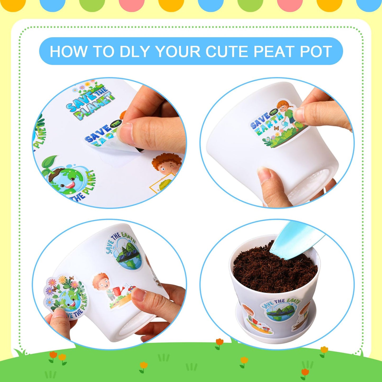 Domensi 30 Set DIY Plastic Pot Craft for Kids Bulk Earth Day Crafts 4 Inch Flower Pot Planters with Tray Drainage Holes with 458 Stickers 30 Cards for Spring Mother's Day Planting(White)