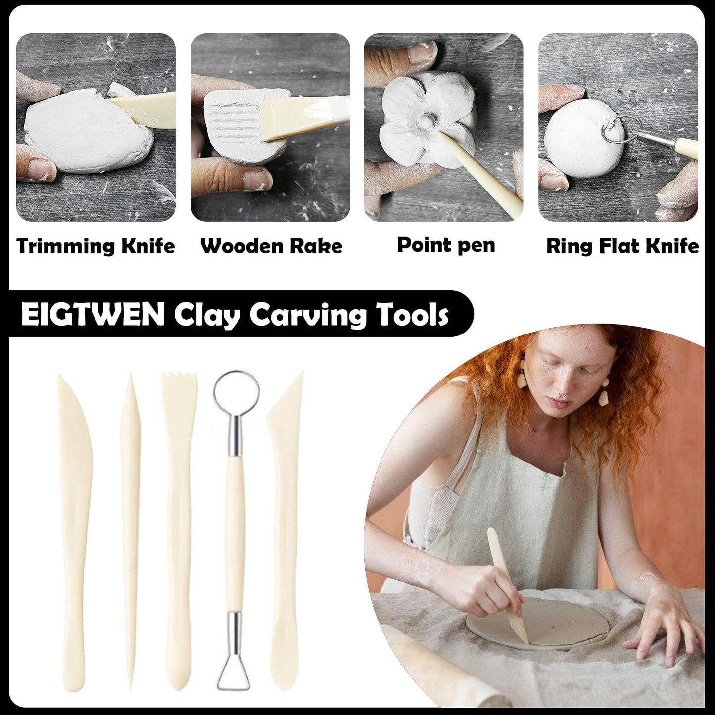EIGTWEN 100ml Air Dry Clay Glaze and 29pcs Clay tools kit, Gloss Clay Varnish Protects Clay from Surface Wear, Pottery Tools Can be Used for Stippling, Carving, Molding, and Shaping Clay Crafts(Gloss)