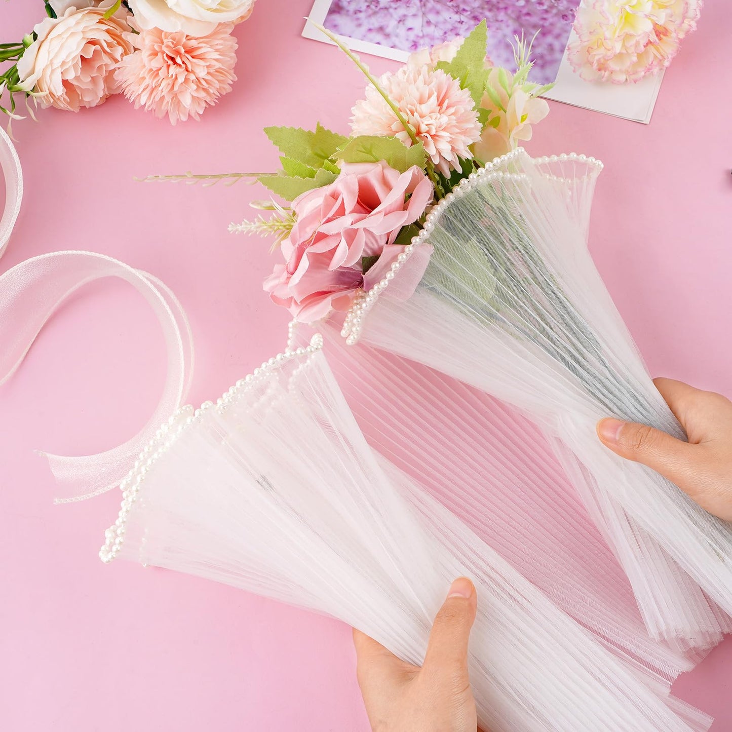 FACULX 3 Pcs Flower Wrapping Mesh for Bouquet Wrapping Paper 4 Yards Mother's Day Pearl Edge Flower Wrapping Paper for Thanks Wedding Anniversary Birthday Florist Supplies (White Pink Lightpink)