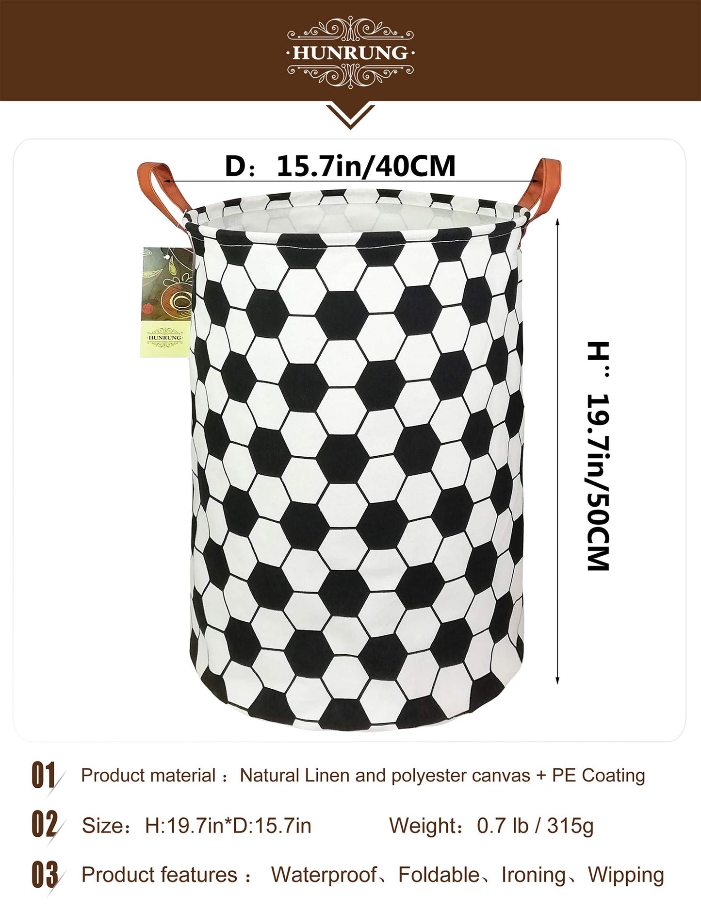 HUNRUNG Collapsible Fabric Storage Basket, Waterproof Laundry Hamper with Handles, Round Storage Bin for Clothes Toys, Foldable Organizer for Bedroom Nursery Bathroom(Roud-Football)