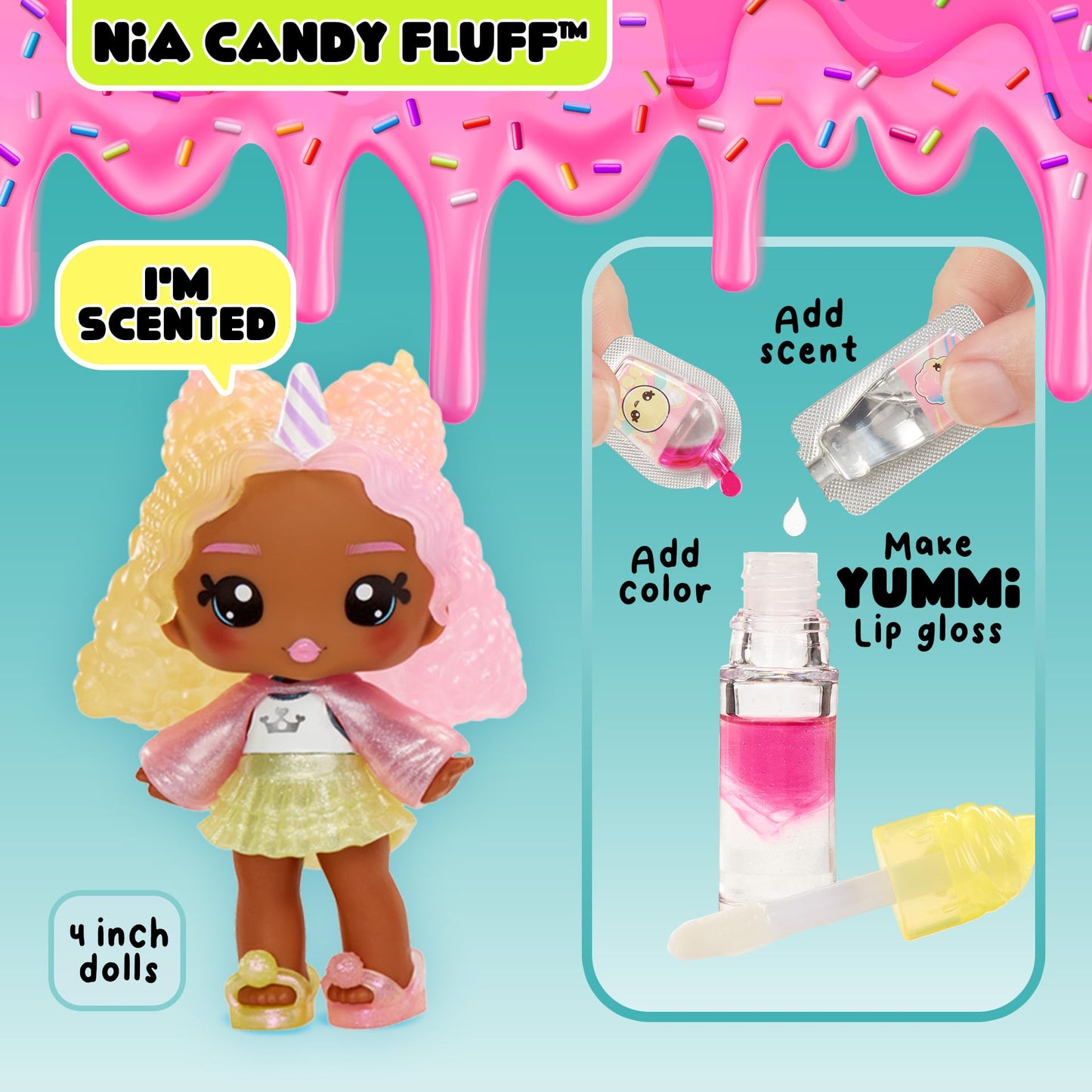 Yummiland Lip Gloss Doll – Nia Candy Fluff, with DIY Lip Gloss Kit, Ages 4+